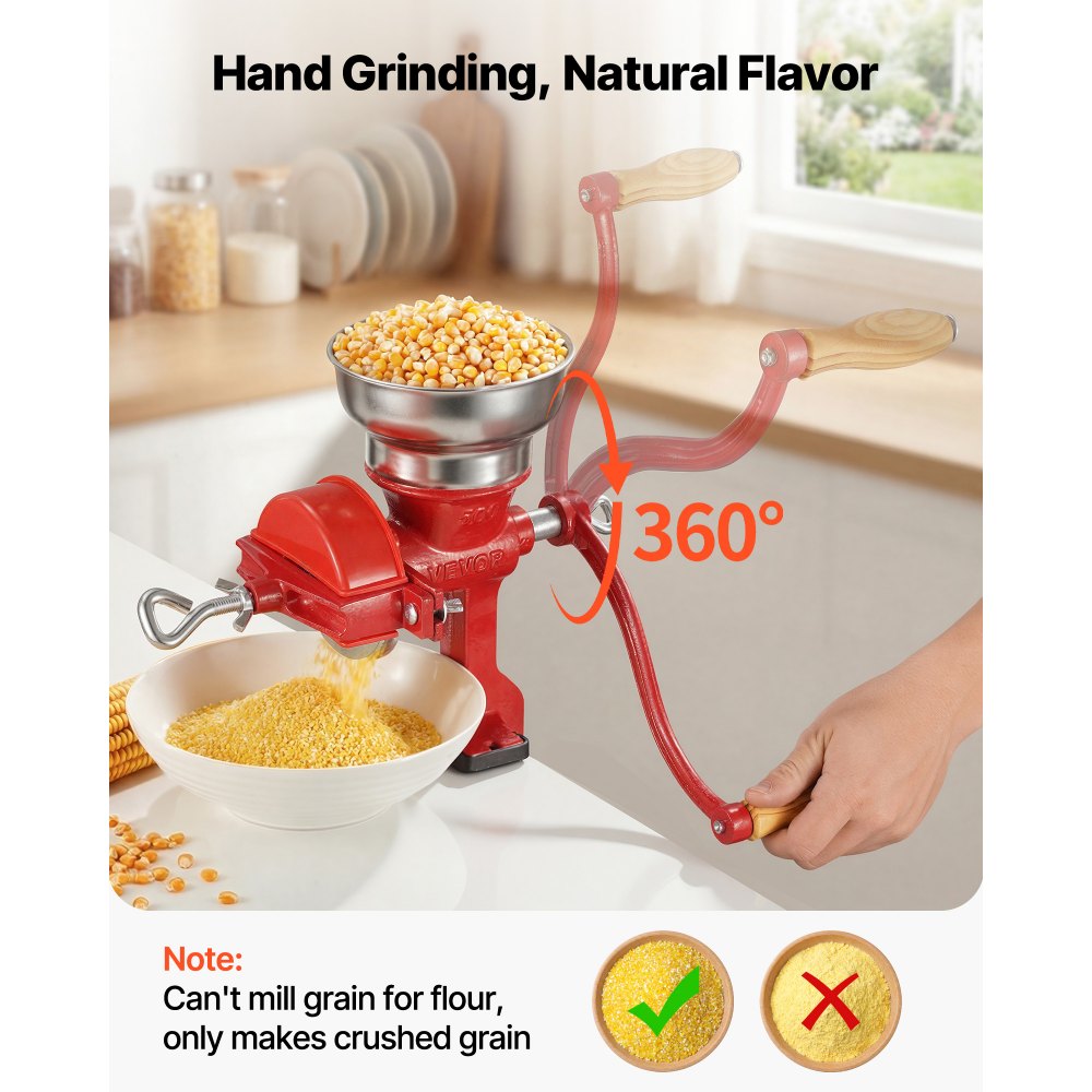 Ręczny młynek do ziarna VEVOR z żeliwa, młynek do kukurydzy z korbą ręczną, z niskim zasobnikiem i zaciskiem stołowym, młynek do słodu, młynek do kawy, młynek do przypraw do ziaren kawy, przypraw, pszenicy, kukurydzy, w zestawie pokrowiec przeciwkurzowy