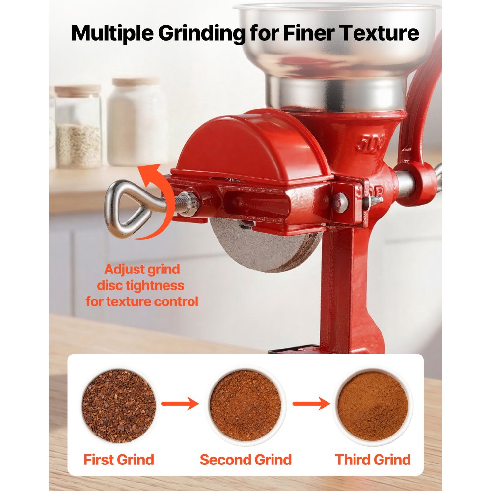Ręczny młynek do ziarna VEVOR z żeliwa, młynek do kukurydzy z korbą ręczną, z niskim zasobnikiem i zaciskiem stołowym, młynek do słodu, młynek do kawy, młynek do przypraw do ziaren kawy, przypraw, pszenicy, kukurydzy, w zestawie pokrowiec przeciwkurzowy