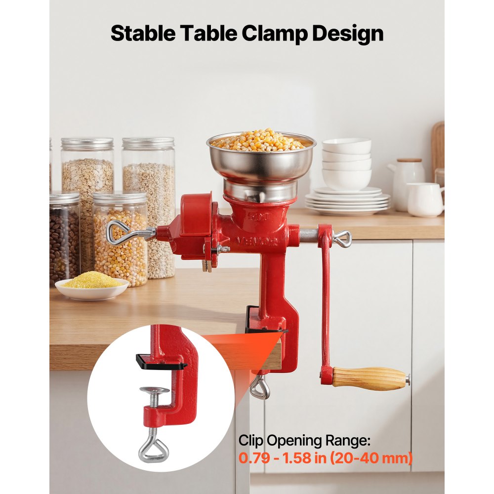 Ręczny młynek do ziarna VEVOR z żeliwa, młynek do kukurydzy z korbą ręczną, z niskim zasobnikiem i zaciskiem stołowym, młynek do słodu, młynek do kawy, młynek do przypraw do ziaren kawy, przypraw, pszenicy, kukurydzy, w zestawie pokrowiec przeciwkurzowy