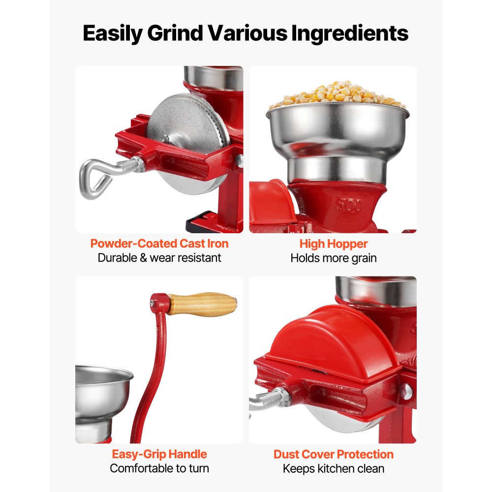 Ręczny młynek do ziarna VEVOR z żeliwa, młynek do kukurydzy z korbą ręczną, z niskim zasobnikiem i zaciskiem stołowym, młynek do słodu, młynek do kawy, młynek do przypraw do ziaren kawy, przypraw, pszenicy, kukurydzy, w zestawie pokrowiec przeciwkurzowy