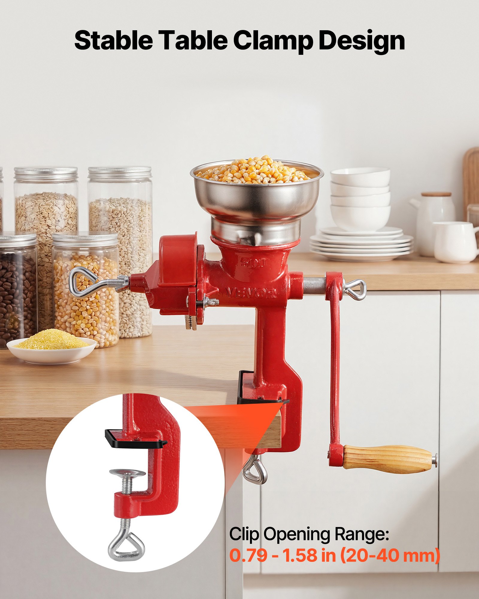 Ręczny młynek do ziarna VEVOR z żeliwa, młynek do kukurydzy z korbą ręczną, z niskim zasobnikiem i zaciskiem stołowym, młynek do słodu, młynek do kawy, młynek do przypraw do ziaren kawy, przypraw, pszenicy, kukurydzy, w zestawie pokrowiec przeciwkurzowy