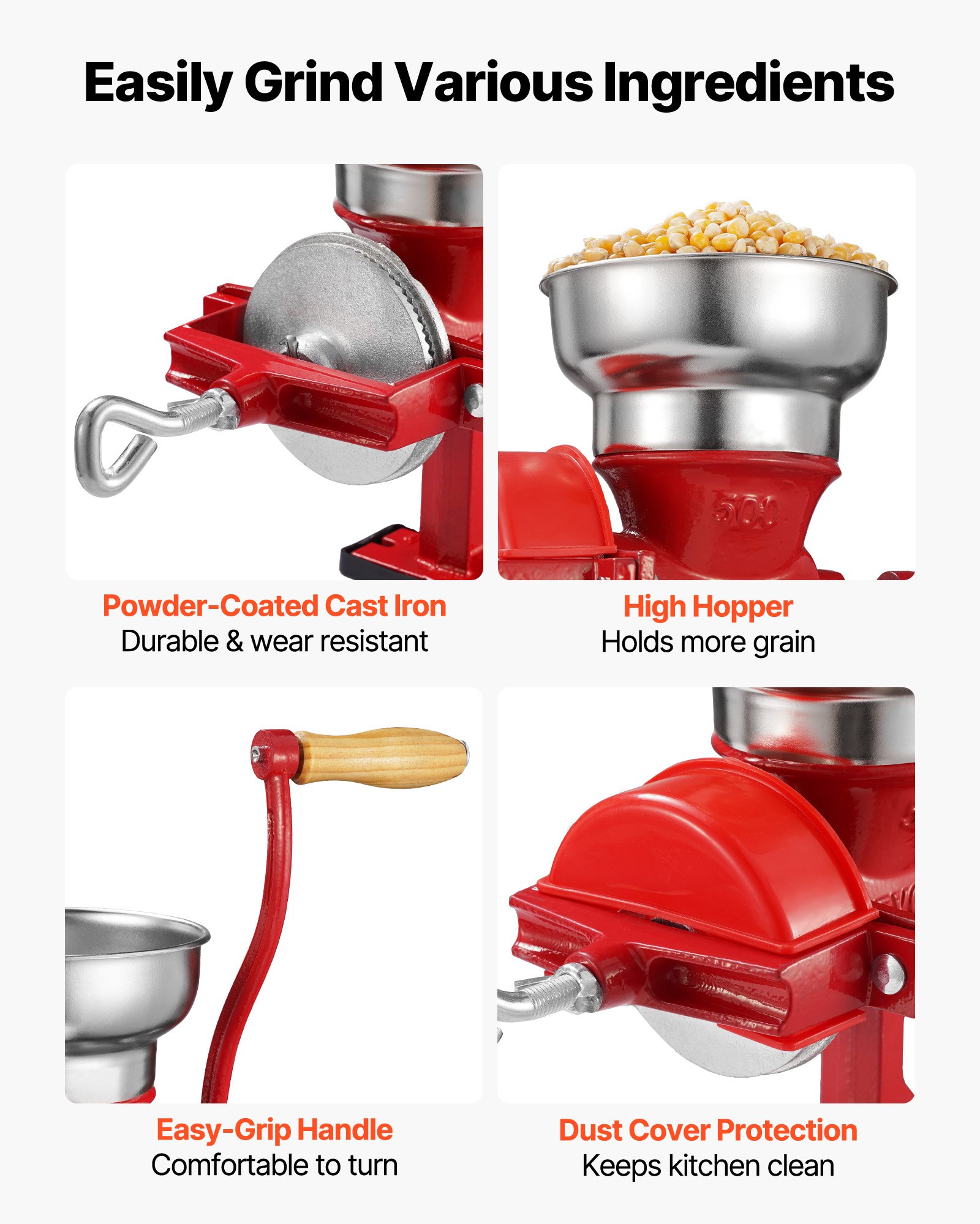 Ręczny młynek do ziarna VEVOR z żeliwa, młynek do kukurydzy z korbą ręczną, z niskim zasobnikiem i zaciskiem stołowym, młynek do słodu, młynek do kawy, młynek do przypraw do ziaren kawy, przypraw, pszenicy, kukurydzy, w zestawie pokrowiec przeciwkurzowy