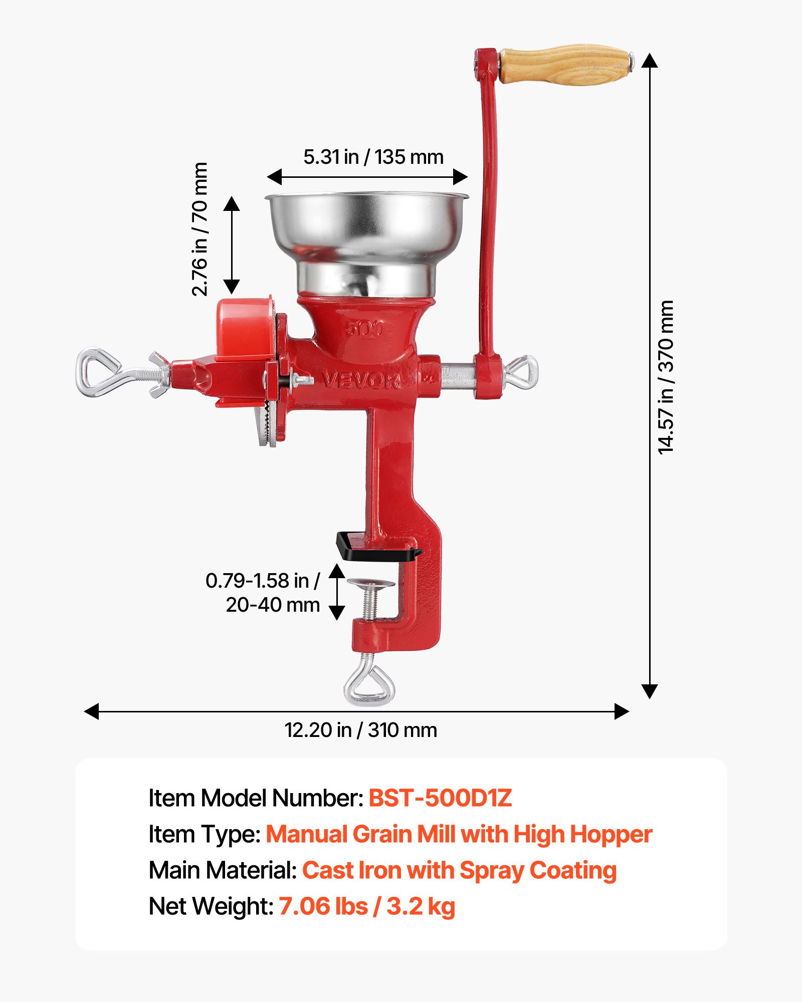 Ręczny młynek do ziarna VEVOR z żeliwa, młynek do kukurydzy z korbą ręczną, z niskim zasobnikiem i zaciskiem stołowym, młynek do słodu, młynek do kawy, młynek do przypraw do ziaren kawy, przypraw, pszenicy, kukurydzy, w zestawie pokrowiec przeciwkurzowy