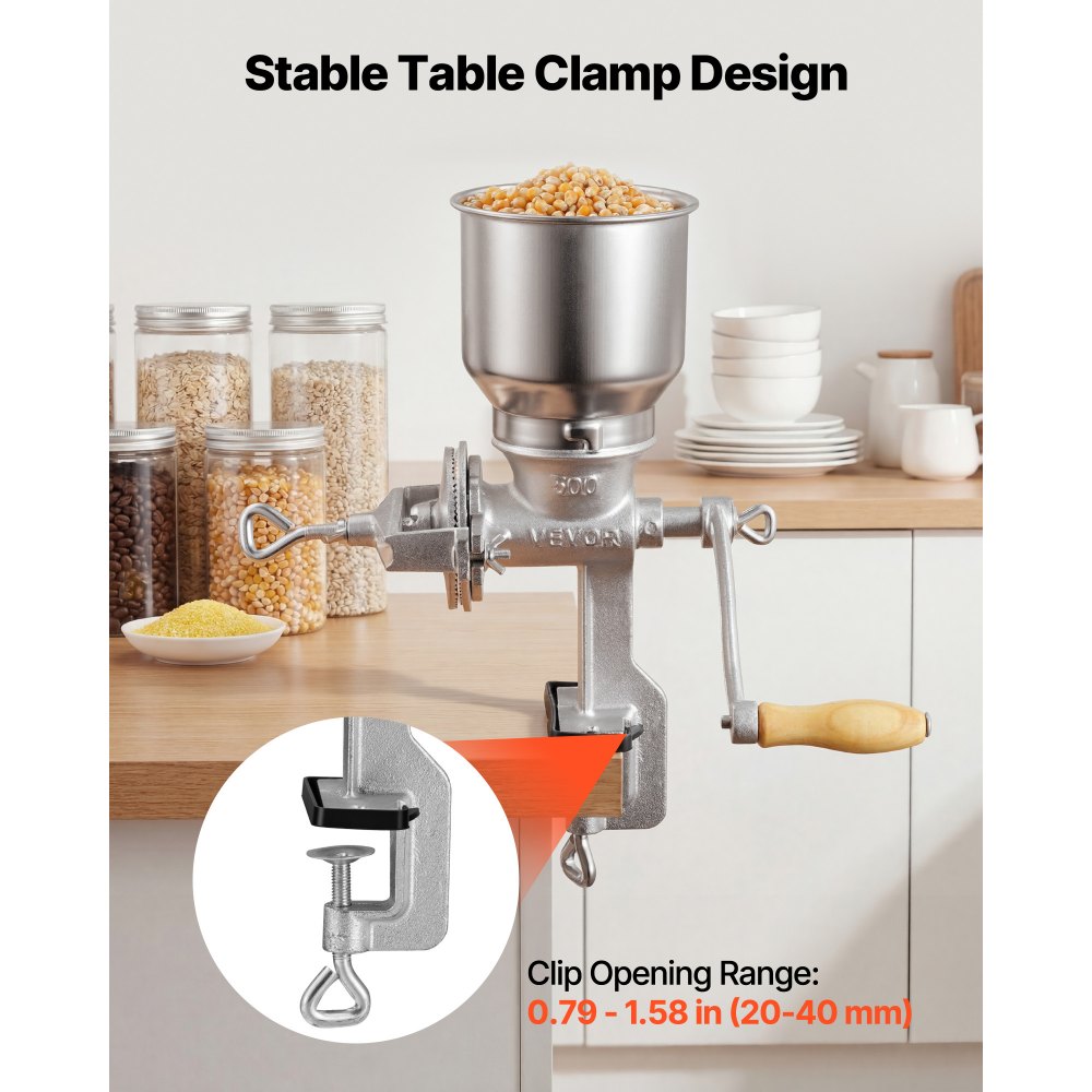 Ręczny młynek do ziarna z żeliwa VEVOR, młynek do kukurydzy z korbą ręczną, wysokim zasobnikiem i solidnym zaciskiem stołowym, młynek do słodu, młynek do kawy, młynek do przypraw do ziaren kawy, przypraw, pszenicy, kukurydzy, orzechów, pomocnik kuchenny