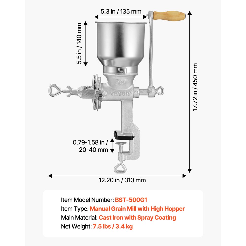 Ręczny młynek do ziarna z żeliwa VEVOR, młynek do kukurydzy z korbą ręczną, wysokim zasobnikiem i solidnym zaciskiem stołowym, młynek do słodu, młynek do kawy, młynek do przypraw do ziaren kawy, przypraw, pszenicy, kukurydzy, orzechów, pomocnik kuchenny