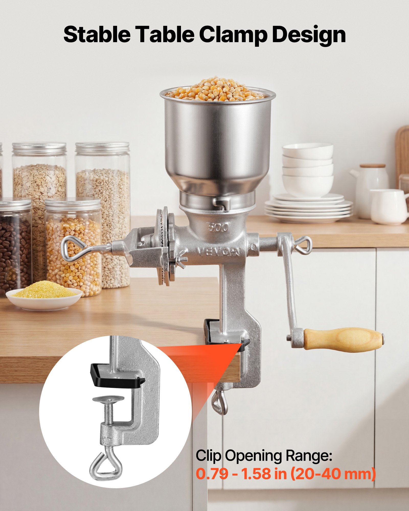 Ręczny młynek do ziarna z żeliwa VEVOR, młynek do kukurydzy z korbą ręczną, wysokim zasobnikiem i solidnym zaciskiem stołowym, młynek do słodu, młynek do kawy, młynek do przypraw do ziaren kawy, przypraw, pszenicy, kukurydzy, orzechów, pomocnik kuchenny