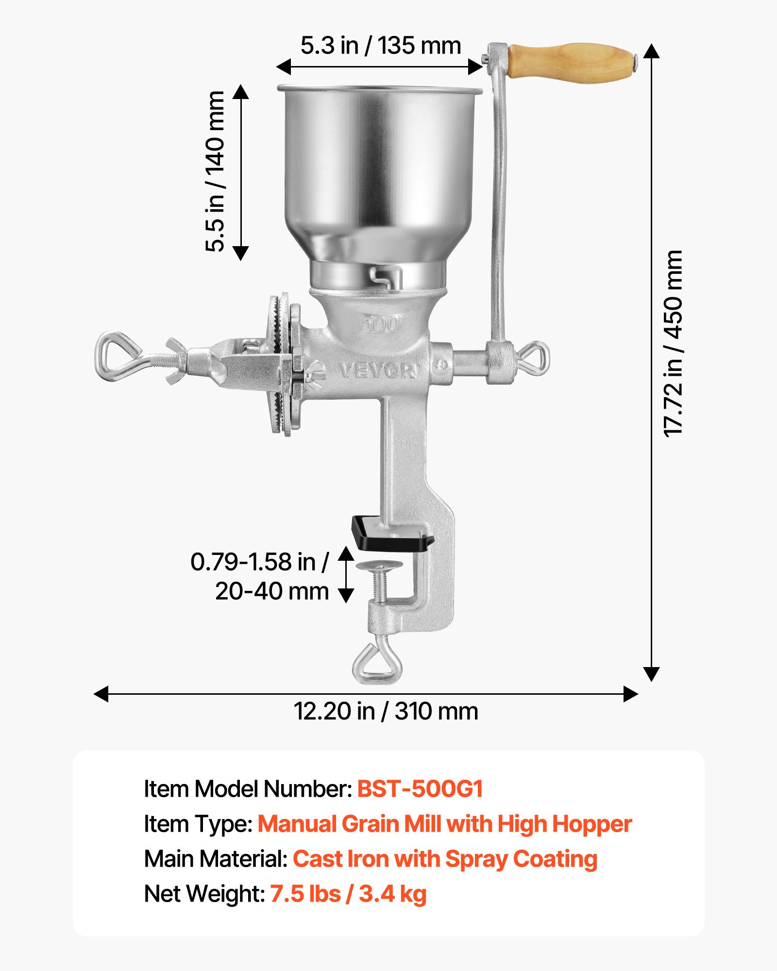 Ręczny młynek do ziarna z żeliwa VEVOR, młynek do kukurydzy z korbą ręczną, wysokim zasobnikiem i solidnym zaciskiem stołowym, młynek do słodu, młynek do kawy, młynek do przypraw do ziaren kawy, przypraw, pszenicy, kukurydzy, orzechów, pomocnik kuchenny