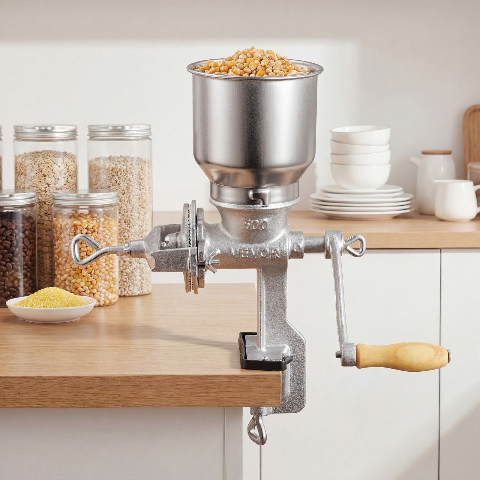 Ręczny młynek do ziarna z żeliwa VEVOR, młynek do kukurydzy z korbą ręczną, wysokim zasobnikiem i solidnym zaciskiem stołowym, młynek do słodu, młynek do kawy, młynek do przypraw do ziaren kawy, przypraw, pszenicy, kukurydzy, orzechów, pomocnik kuchenny