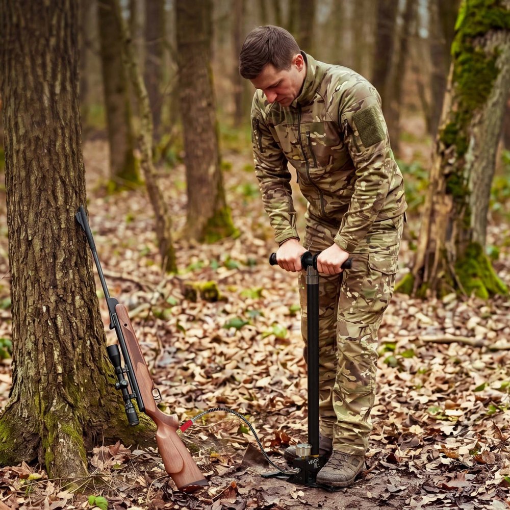 Pompka ręczna VEVOR PCP, 4-stopniowa, wysokociśnieniowa do 40 MPa, podłogowa z filtrem olejowo-wodnym, manometrem i obudową ze stali nierdzewnej, do wiatrówek, paintballu, pompowania opon i pontonów, czarna