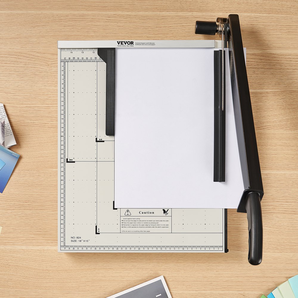 Obcinak dźwigniowy do papieru VEVOR, maks. szerokość cięcia 457,2 mm, ręczna maszyna do cięcia papieru, pojemność 15 arkuszy, z szyną ochronną / blokadą ostrza do tektury / kartonu, obcinak do papieru