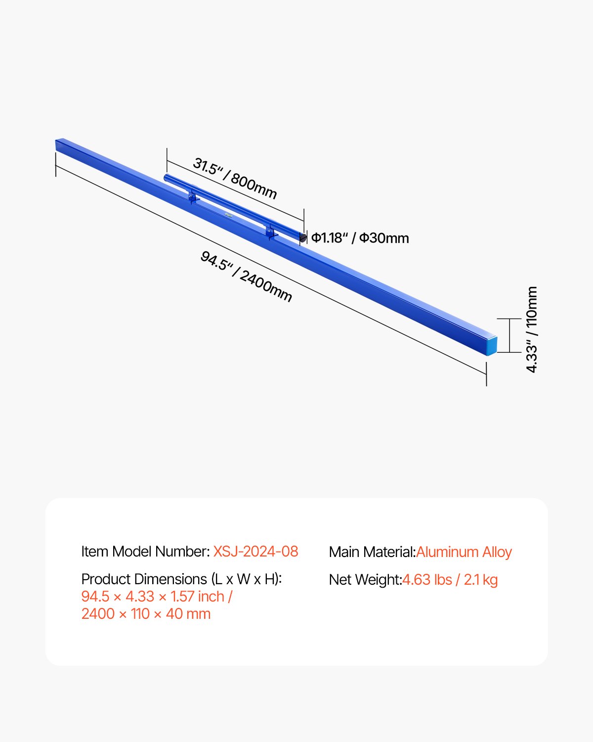 Wylewka betonowa VEVOR, 240 cm z poziomicą, łatwa w czyszczeniu i zaślepką, aluminiowa i odwracalna rączka do poziomowania podłóg, do małych placów budowy i remontów domów