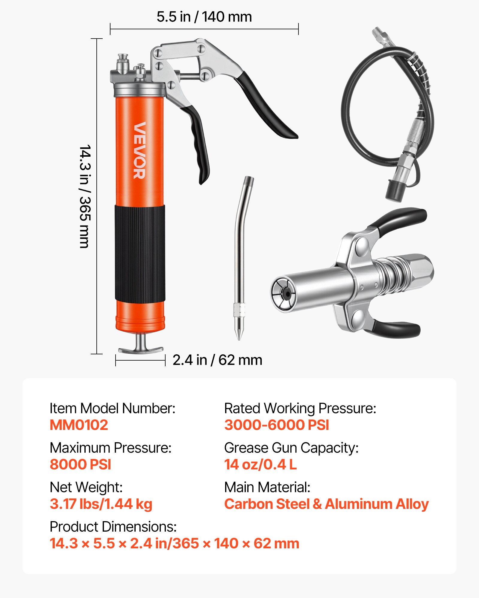 Pistolet smarowy VEVOR, 551 bar, zestaw pistoletów smarowych o pojemności 0,4 l, w tym elastyczny wąż o długości 45,7 cm, dwuuchwytowe złącze smarowe, sztywną rurę przedłużającą i ostrą dyszę do zastosowań motoryzacyjnych i morskich