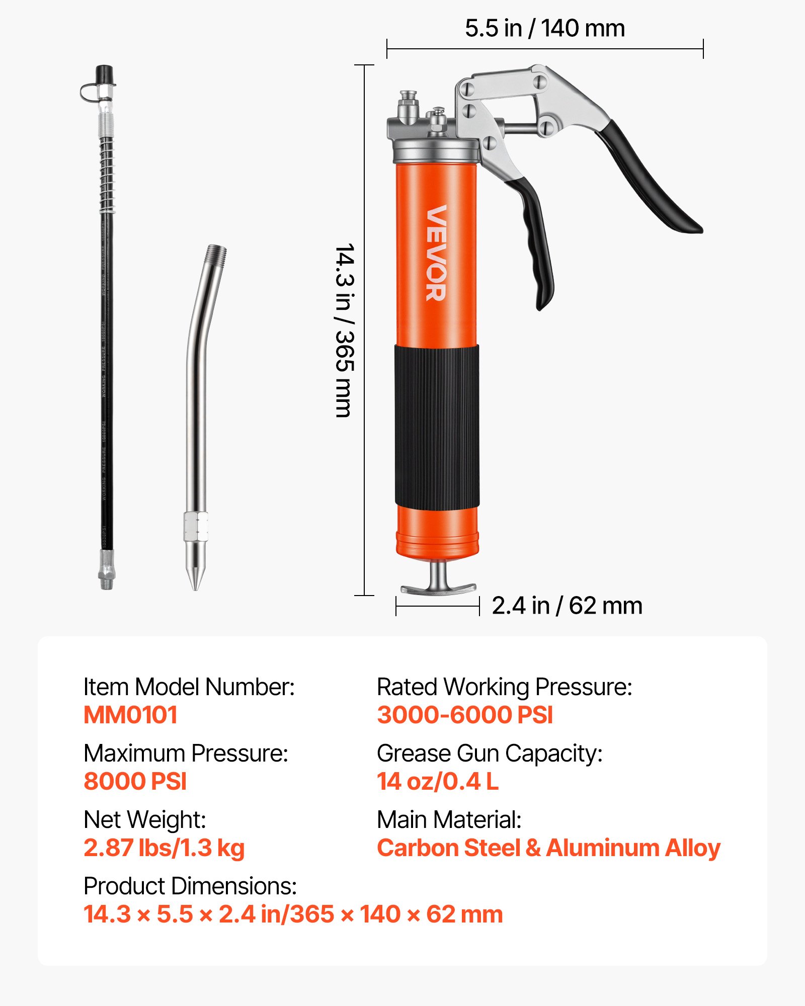 Pistolet smarowy VEVOR, 551 bar, zestaw z pistoletem smarowym o pojemności 0,4 l, jednoręczny pistolet smarowy z elastycznym wężem o długości 45,7 cm, 1 rurą przedłużającą i 1 ostrą dyszą do zastosowań motoryzacyjnych i morskich