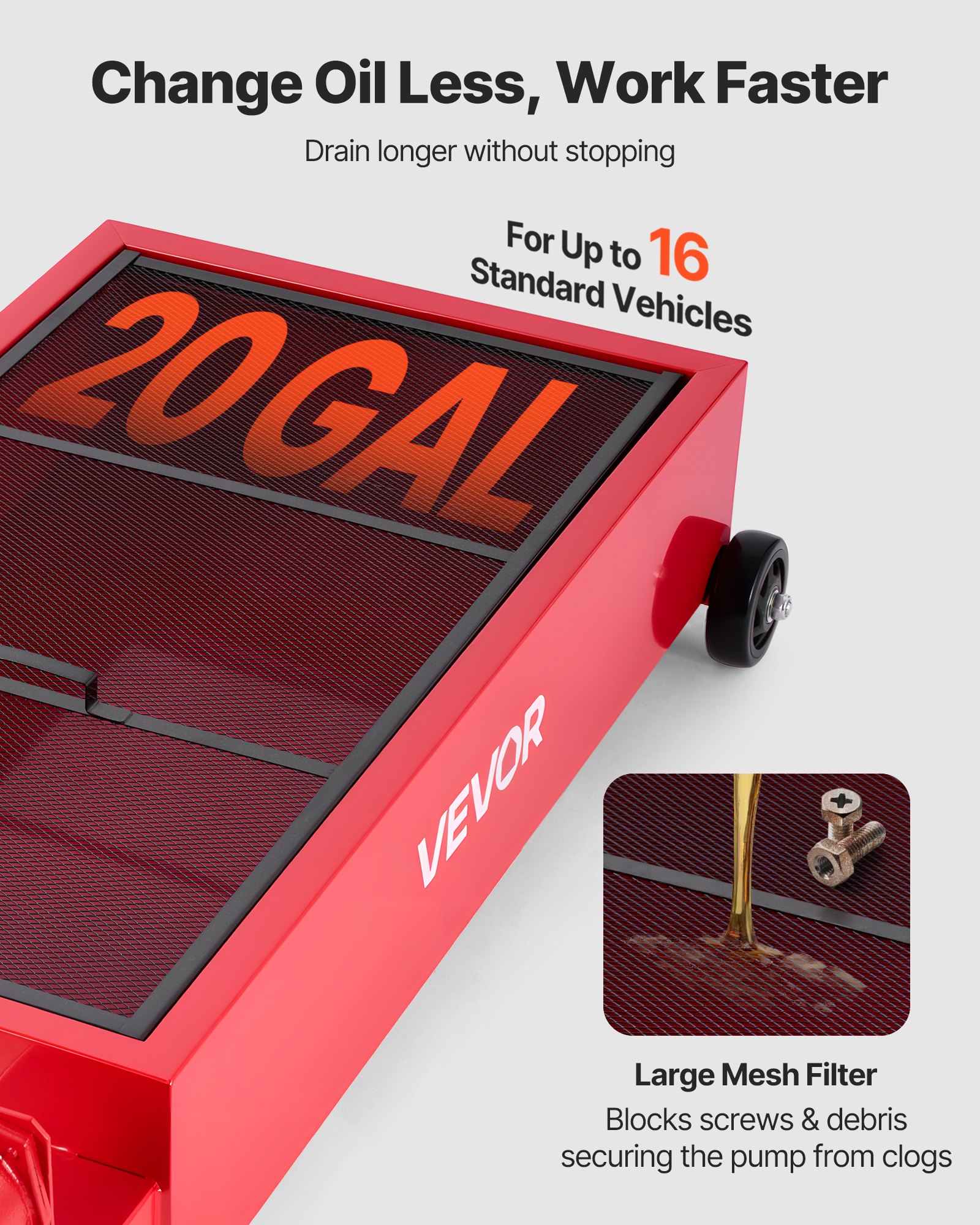 VEVOR Low Profile Oil Drain Pan, 75.7 L Capacity, Rolling Oil Drain Pan with Manual Pump, 2.2 m Hose & T Folding Handle, Leak-proof & Corrosion-resistant, Fit for Cars, SUVs, Trucks, ATVs, Red