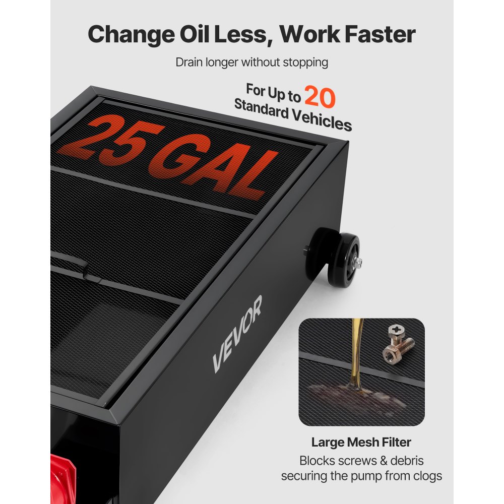 VEVOR Niska miska do spuszczania oleju, wózek do spuszczania oleju 94,6 l z pompą, wąż 2,2 m i uchwyt w kształcie litery T, szczelny i odporny na korozję, do samochodów osobowych, SUV-ów, ciężarówek, quadów, czarny