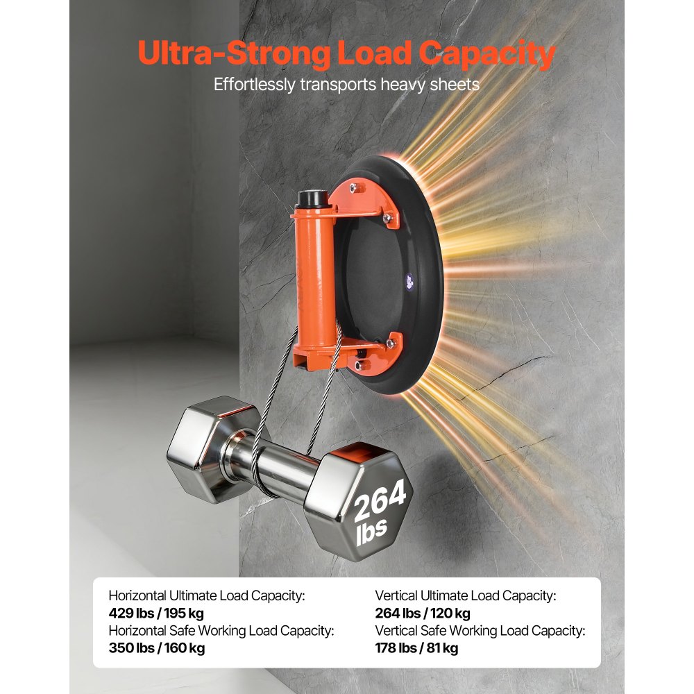 Podnośnik próżniowy VEVOR, podnośnik do szkła 203 mm z metalową rączką, udźwig 195 kg, narzędzie z przyssawką do płytek z walizką transportową do podnoszenia płytek, granitu, płyt gipsowo-kartonowych, okien (opakowanie 2 szt.)