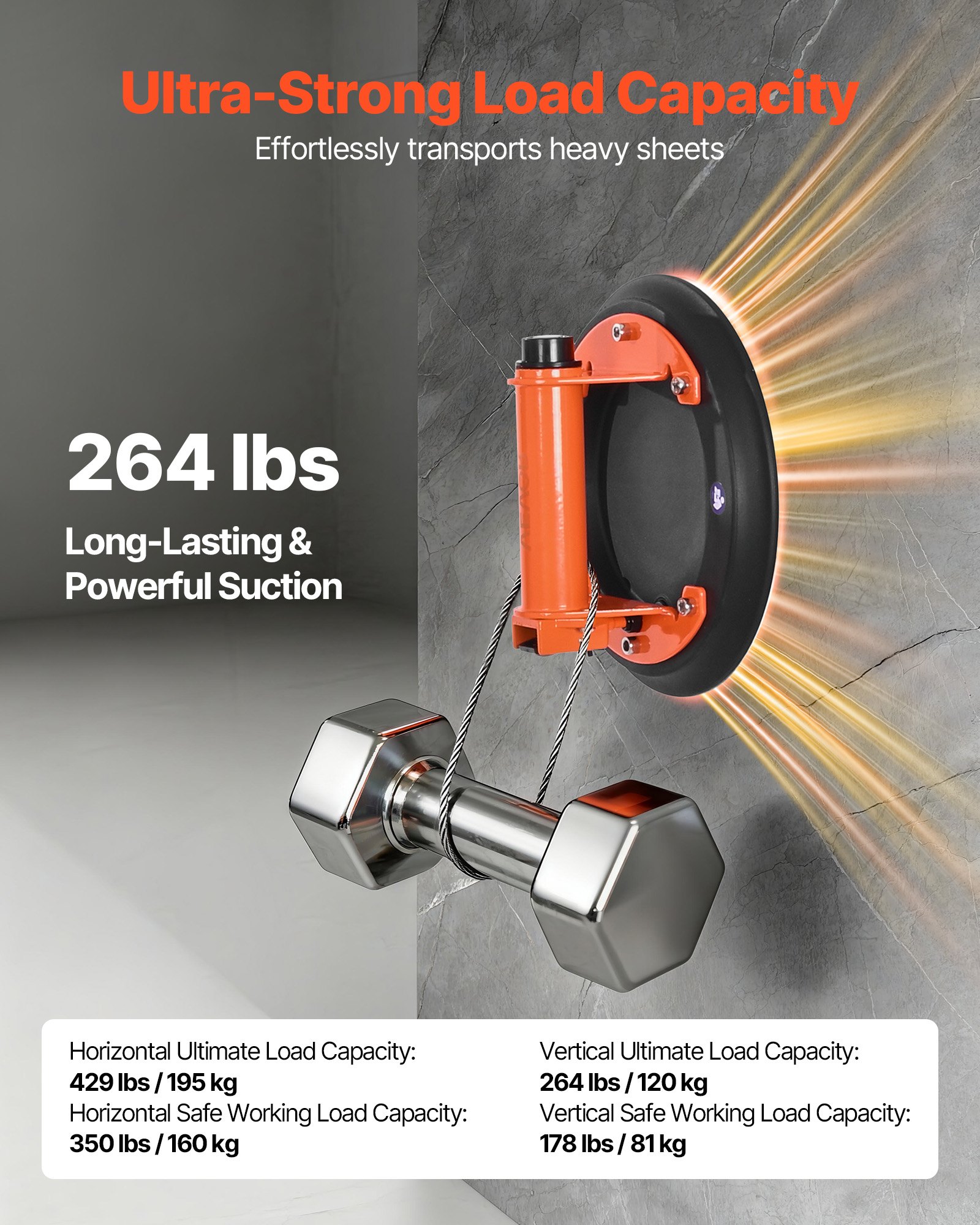 Podnośnik próżniowy VEVOR, podnośnik do szkła 203 mm z metalową rączką, udźwig 195 kg, narzędzie z przyssawką do płytek z walizką transportową do podnoszenia płytek, granitu, płyt gipsowo-kartonowych, okien (opakowanie 2 szt.)