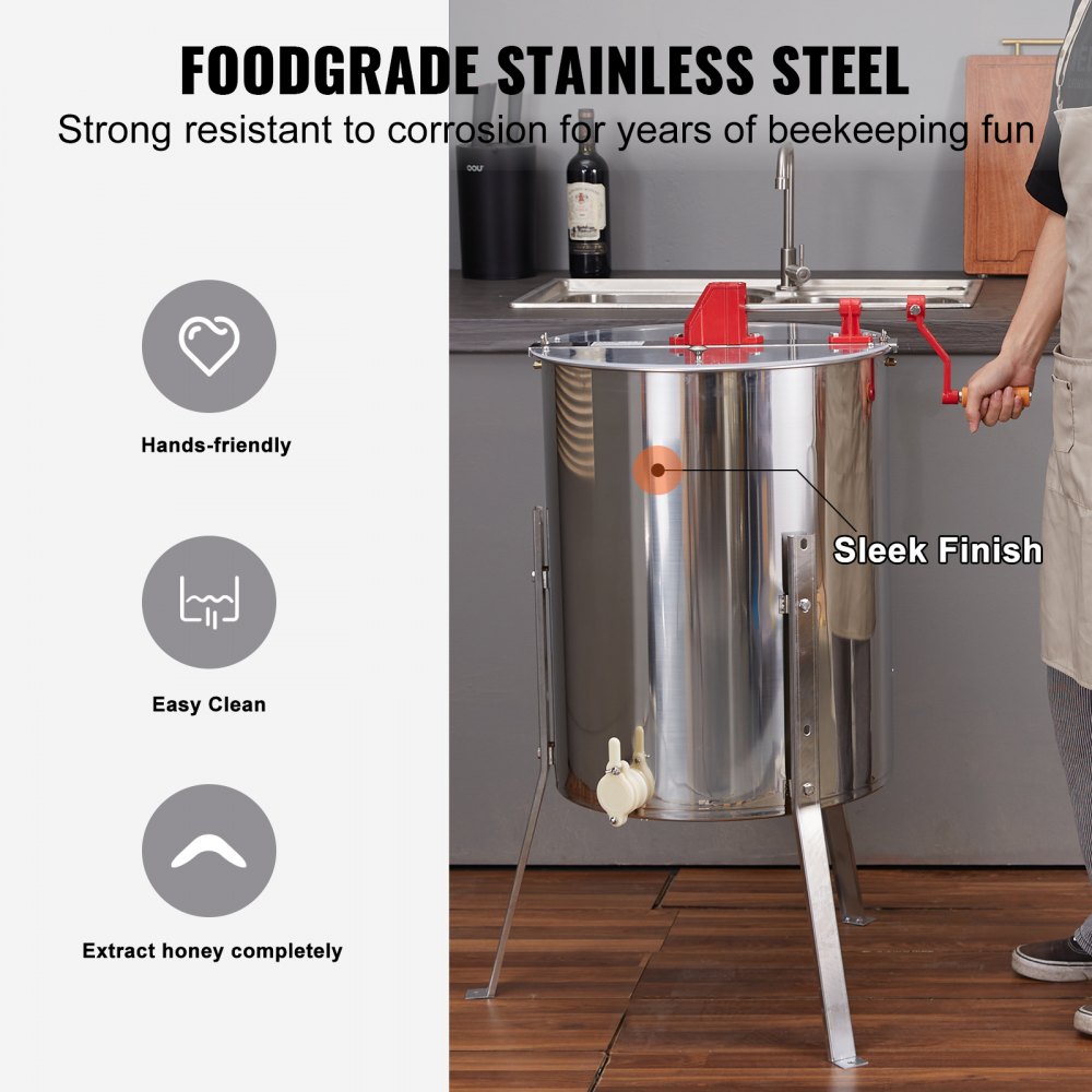 VEVOR Ręczna miodarka styczna, miodarka ze stali nierdzewnej, rama 4/8, miodarka z zaworem 45 mm, miodarka diagonalna, rozmiar plastra miodu 48x16/23 cm, przezroczysta pokrywa, pszczelarstwo, akcesoria dla pszczelarzy
