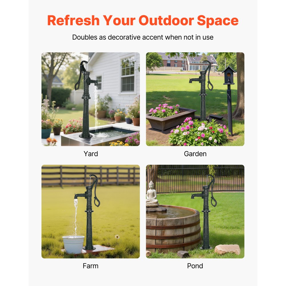 VEVOR Antyczna pompa ręczna, wysokość podnoszenia 6 m, nostalgiczna pompa żeliwna, pompa studzienna z podwyższoną podstawą, przyłącze NPT 1-1/4 cala, pompa ogrodowa, do ogrodu, stawu, podwórka, gospodarstwa, zieleni