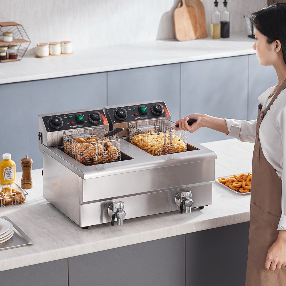 Frytkownica VEVOR Commercial, elektryczna frytkownica stołowa o mocy 3 kW z podwójnym zbiornikiem i koszem, 2 x 11 l, podwójna frytkownica olejowa ze stali nierdzewnej, regulacja czasu i temperatury, do kuchni restauracyjnych