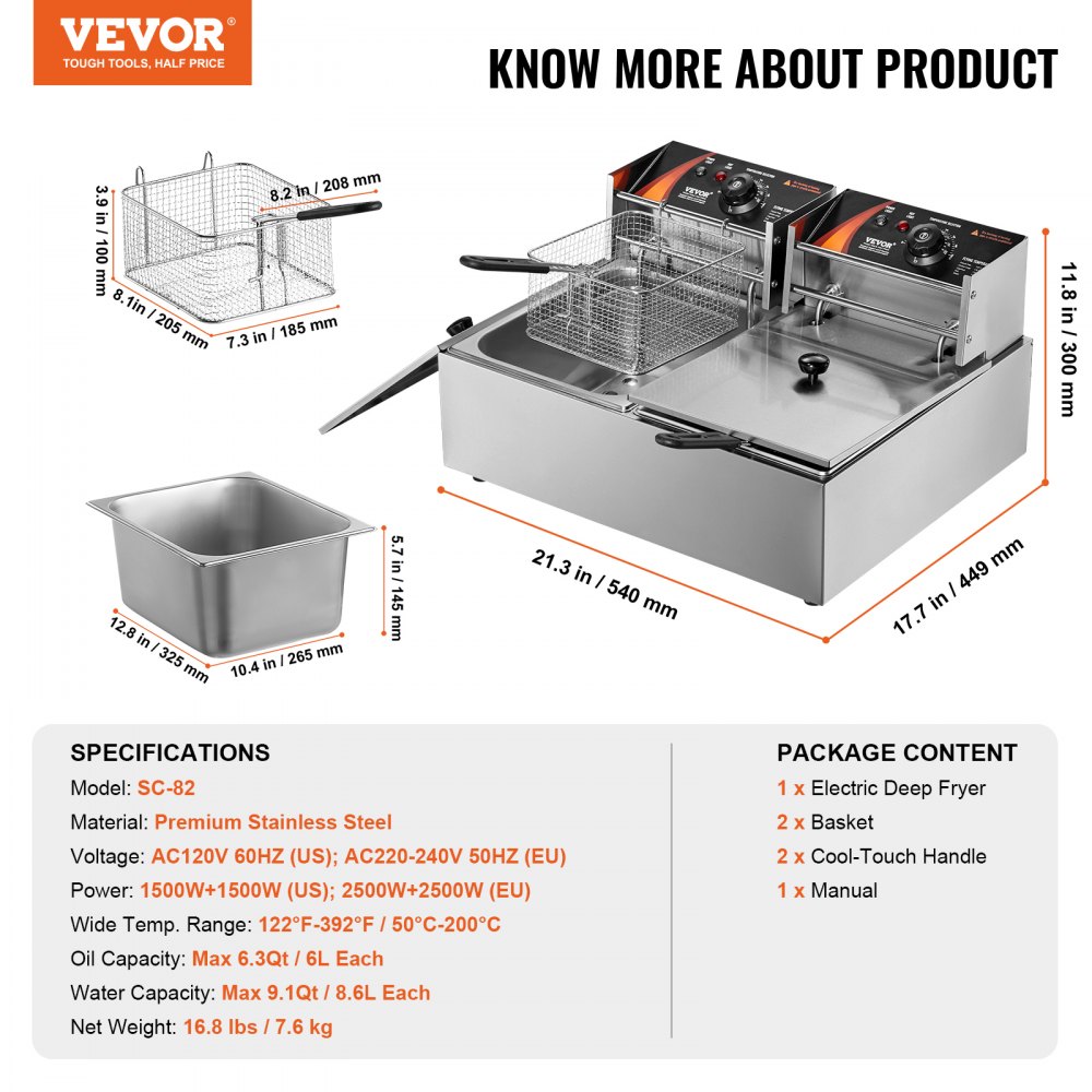 VEVOR Commercial Electric Fryer, 12L Large Electric Countertop Fryer with Removable Double Basket, 5000W Stainless Steel Double Fryer for Kitchen, Restaurant