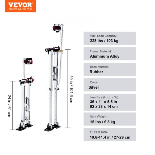 VEVOR Szczudła Robocze 24-40" Aluminiowe Szczudła Z Regulacją Wysokości Konstrukcja Sufitowa Nośność 103kg Szczudła Malarskie 27-29cm Rozmiar Stopy Do prac malarskich Dekoracja wnętrz Przycinanie drzew Prace elektryczne