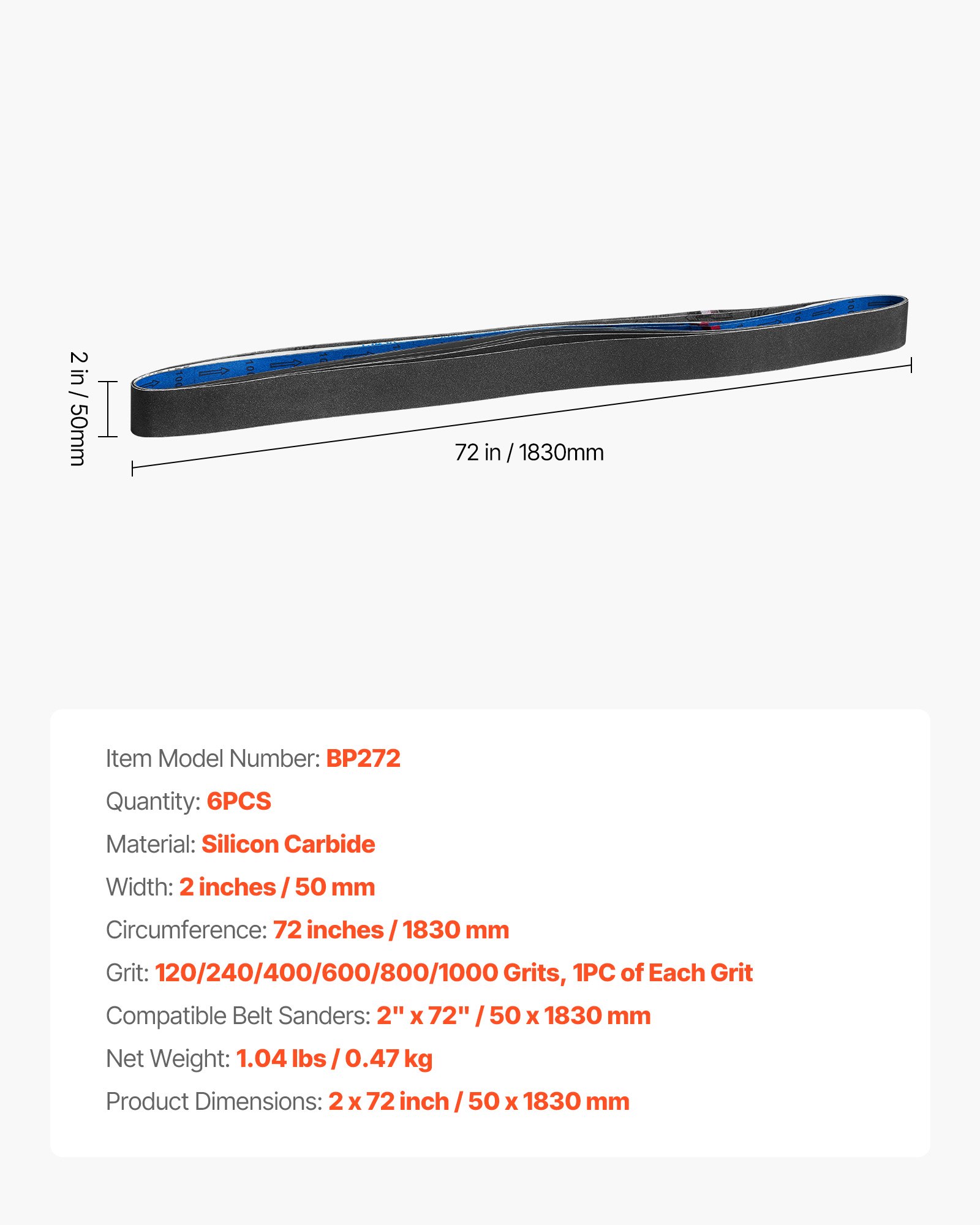 Paski ścierne VEVOR, 50 x 1830 mm, 6 sztuk (gradacja 120/240/400/600/800/1000), wykonane z węglika krzemu, papier ścierny taśmowy, do obróbki metali, materiałów kompozytowych i wykańczania tworzyw sztucznych