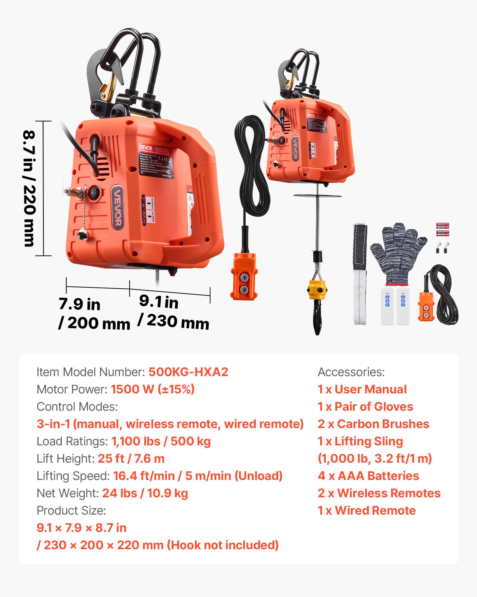 Wciągarka elektryczna VEVOR, udźwig 500 kg, wciągnik elektryczny 3 w 1, 1500 W, wysokość podnoszenia 7,6 m, 5 m/min, z ręcznym, przewodowym i bezprzewodowym pilotem zdalnego sterowania do fabryk, magazynów i garaży
