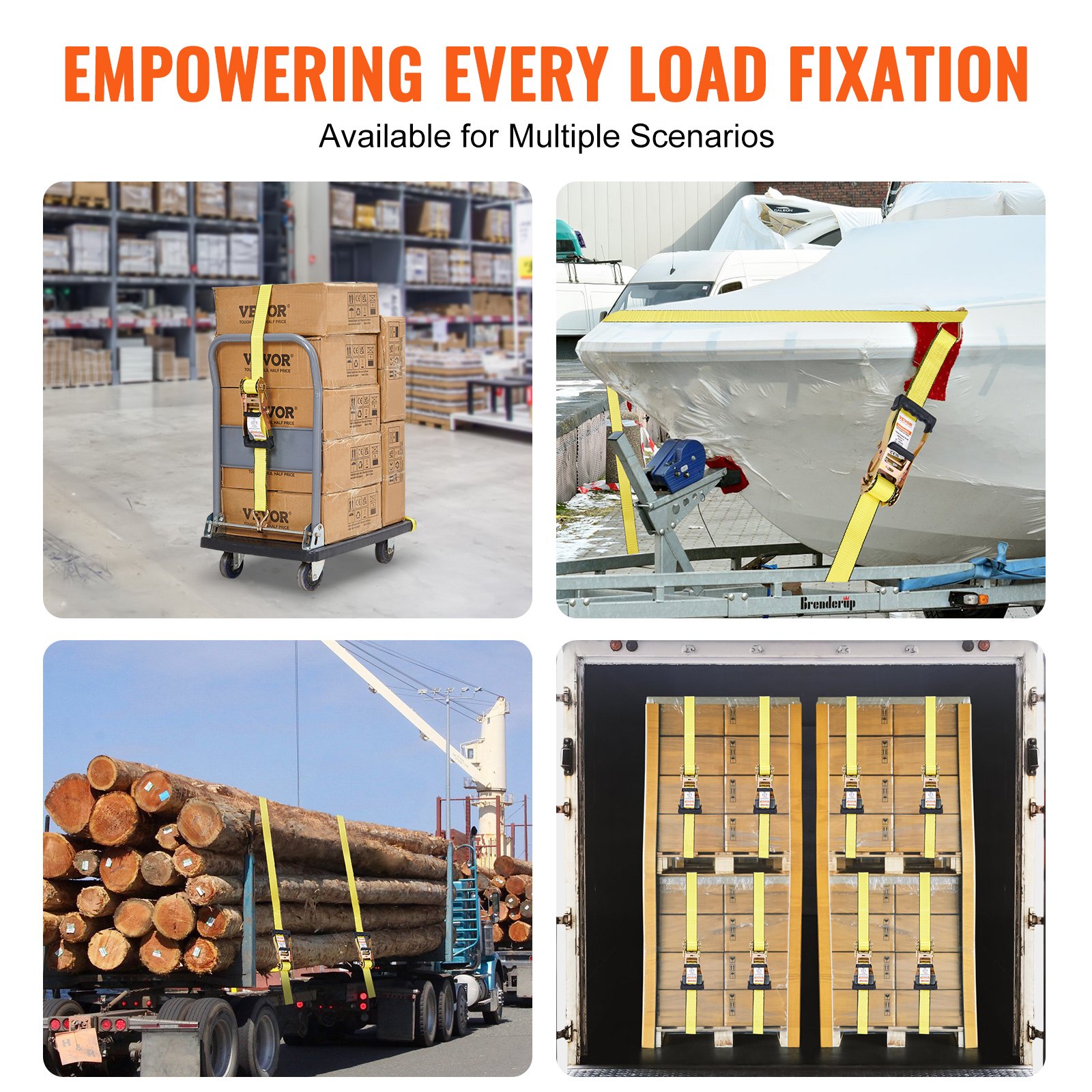 VEVOR Zestaw 4 pasów napinających 0,05 x 8 m Pas mocujący 4536 kg Pas mocujący z grzechotką Pas poliestrowy i hak ze stali węglowej Pas mocujący z grzechotką idealny do motocykli Rowerów Kajaków UTV Łodzi ATV