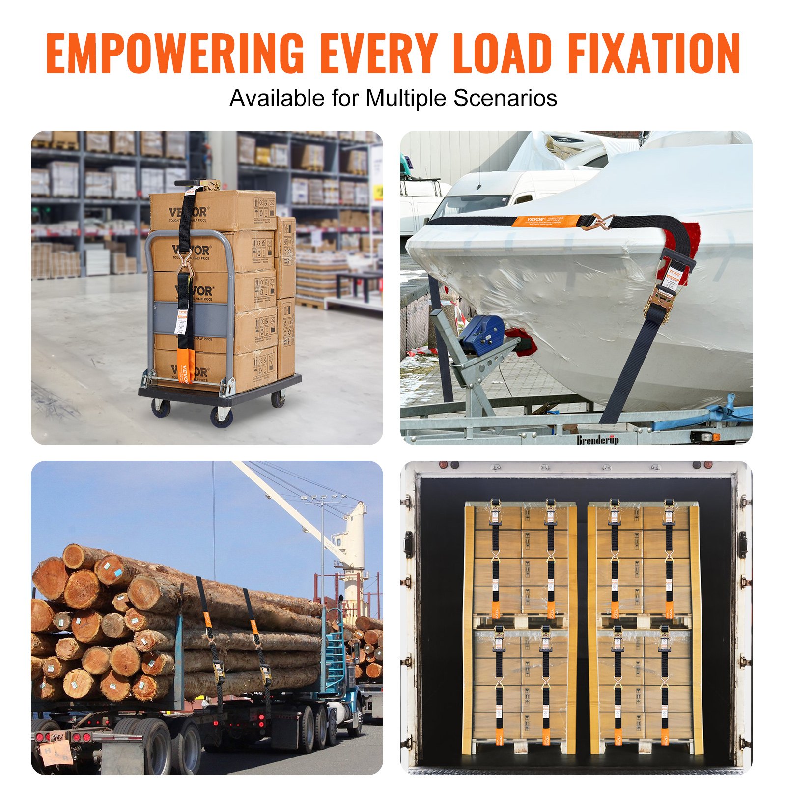 Zestaw 4 pasów mocujących VEVOR 0,05 x 2,4 m Pas mocujący 5048 kg Pas mocujący z grzechotką Pas poliestrowy i hak ze stali węglowej Pas mocujący z grzechotką Idealny do motocykli Rowerów Kajaków UTV Łodzi ATV