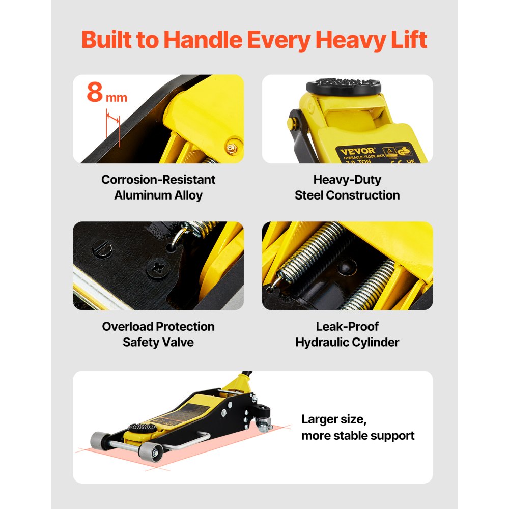 VEVOR 3-ton hydraulic trolley jack, 90-500 mm aluminum & steel car jack, 99 mm diameter jack stand, scissor jack for SUVs, off-road vehicles, and workshops