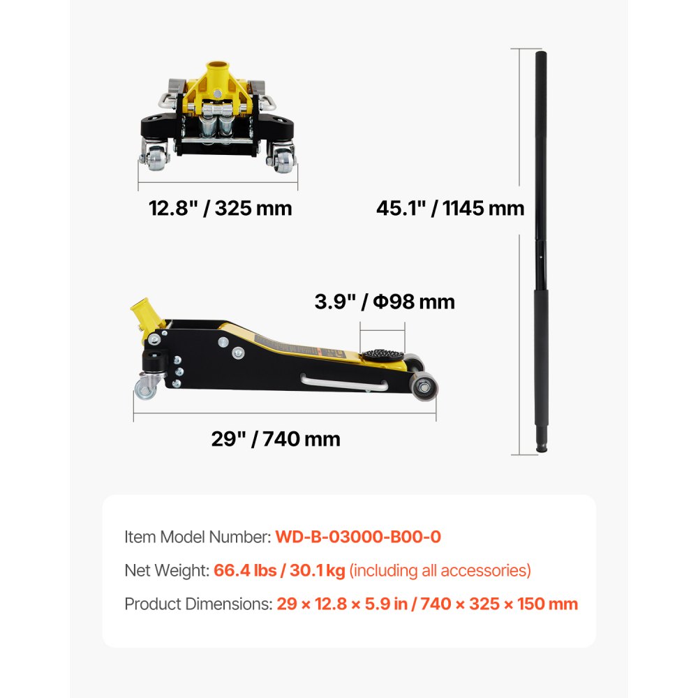 VEVOR 3-ton hydraulic trolley jack, 90-500 mm aluminum & steel car jack, 99 mm diameter jack stand, scissor jack for SUVs, off-road vehicles, and workshops