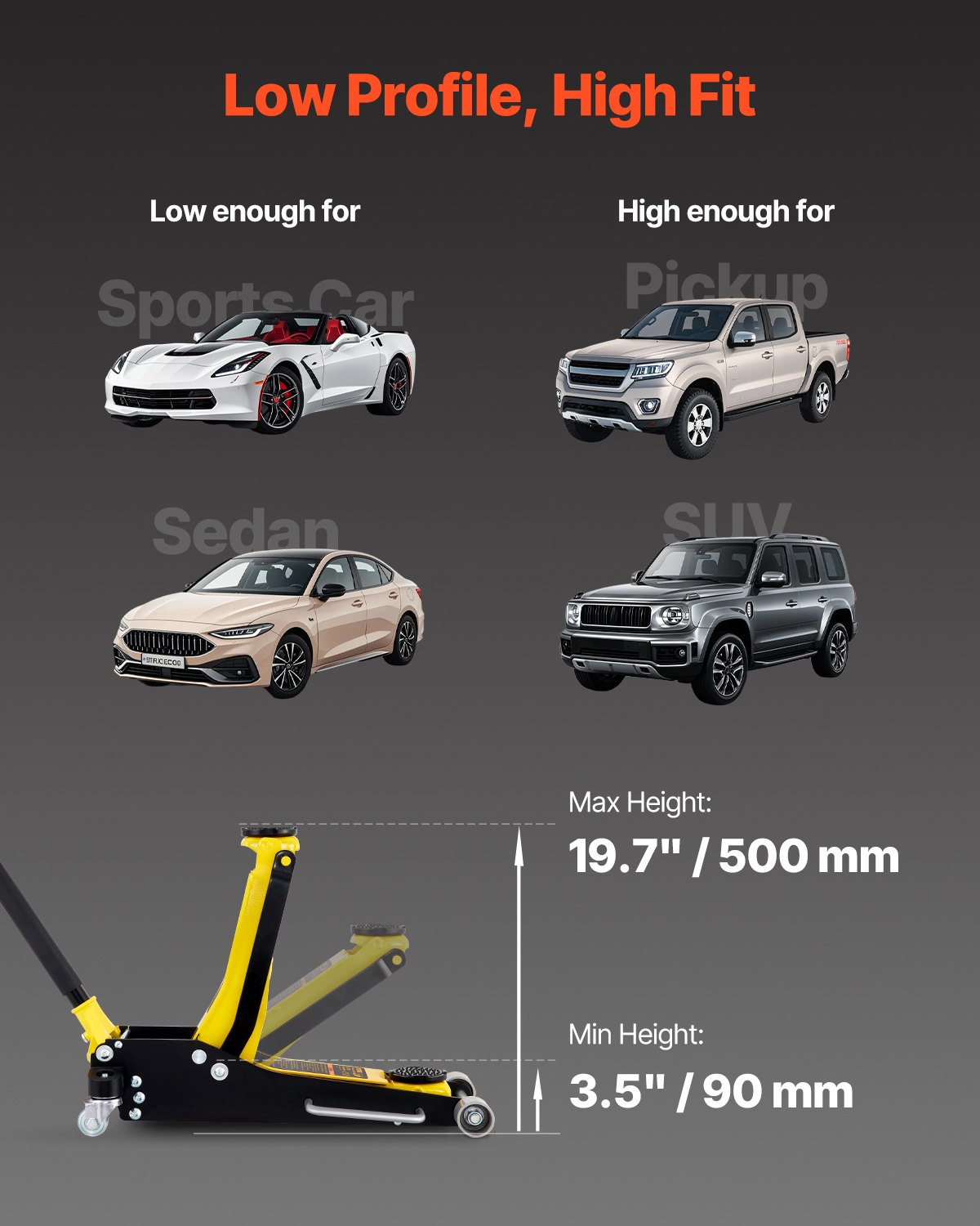 VEVOR 3-ton hydraulic trolley jack, 90-500 mm aluminum & steel car jack, 99 mm diameter jack stand, scissor jack for SUVs, off-road vehicles, and workshops