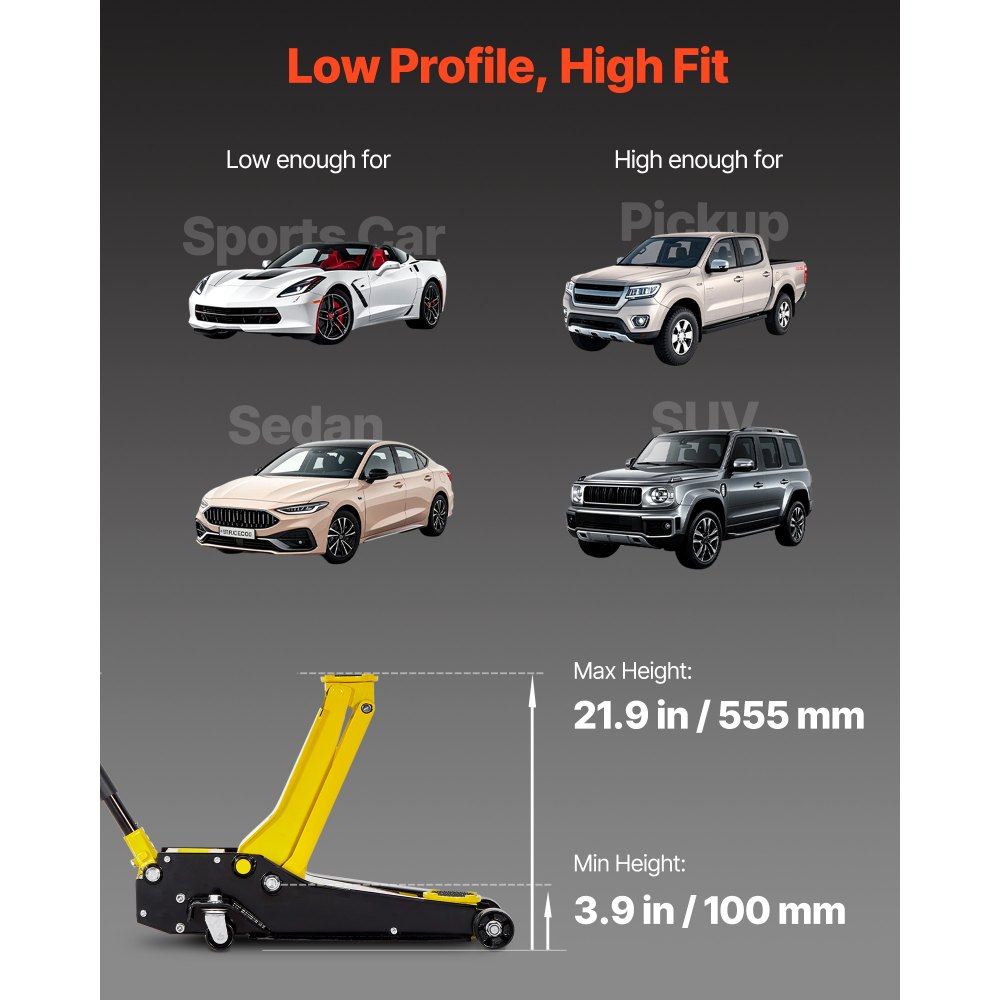 Podnośnik samochodowy VEVOR Low Profile, udźwig 4 tony, stalowy podnośnik wózkowy z dwutłokową pompą szybkodziałającą, hydrauliczny podnośnik do pojazdów sportowych i wielofunkcyjnych, zakres podnoszenia 100–545 mm