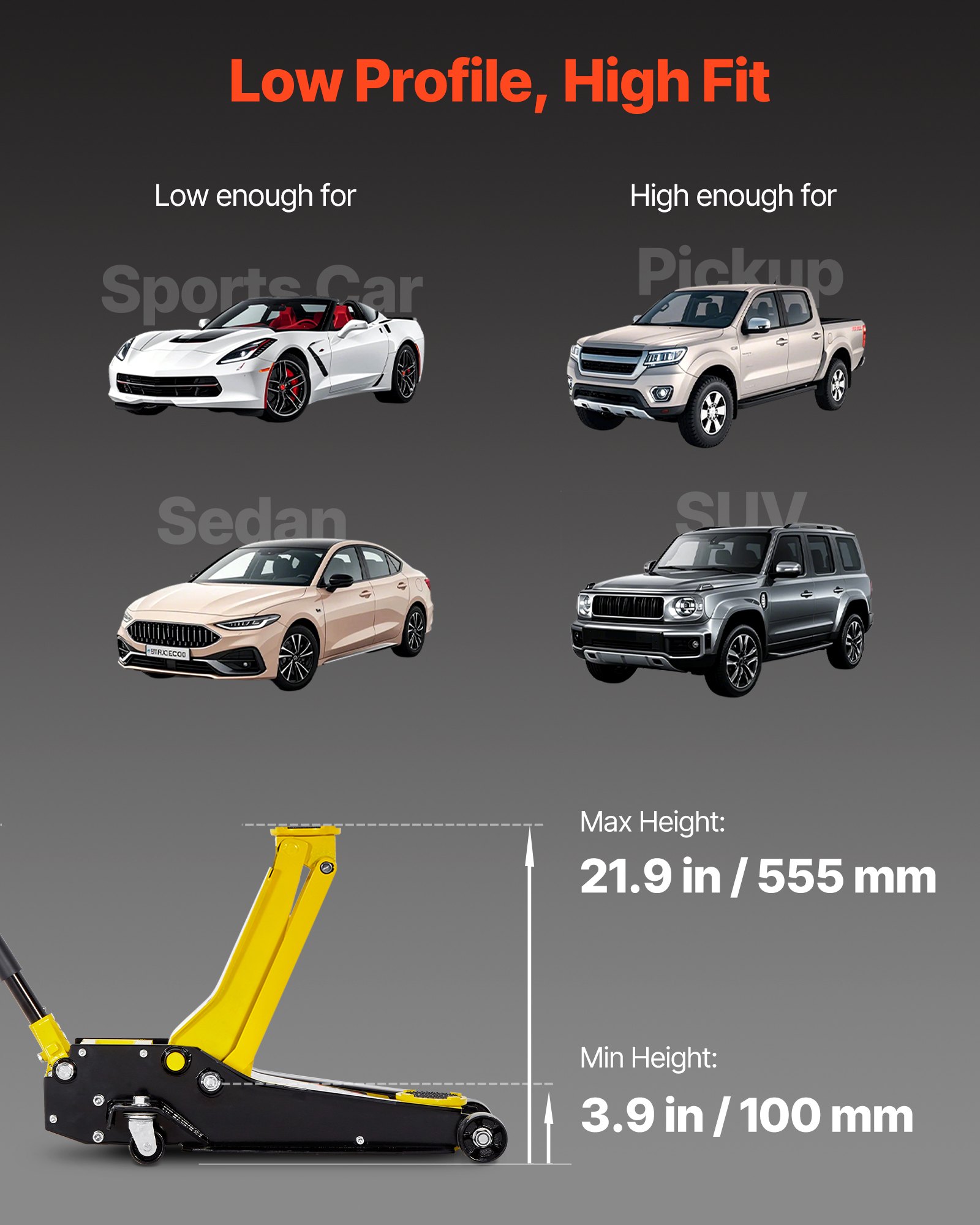 Podnośnik samochodowy VEVOR Low Profile, udźwig 4 tony, stalowy podnośnik wózkowy z dwutłokową pompą szybkodziałającą, hydrauliczny podnośnik do pojazdów sportowych i wielofunkcyjnych, zakres podnoszenia 100–545 mm