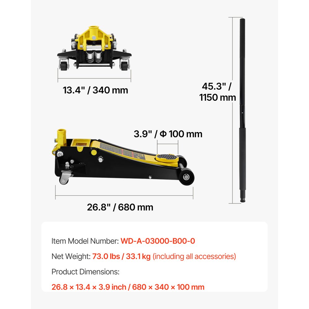 VEVOR 3-ton trolley jack, high-performance steel racing jack with double piston quick-lift pump, flat jack 95-495 mm car jack