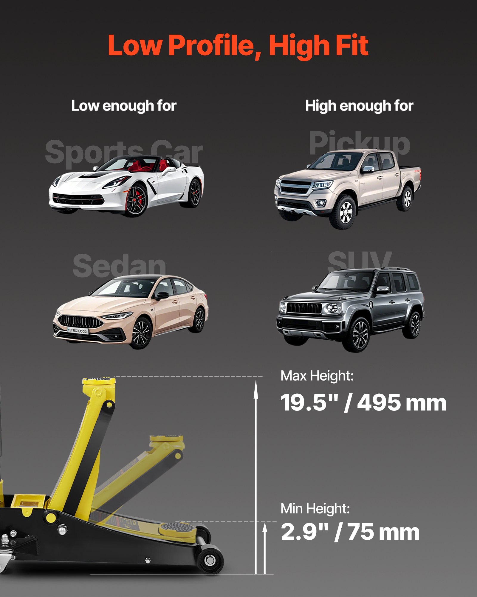 VEVOR 3-ton trolley jack, high-performance steel racing jack with double piston quick-lift pump, flat jack 95-495 mm car jack