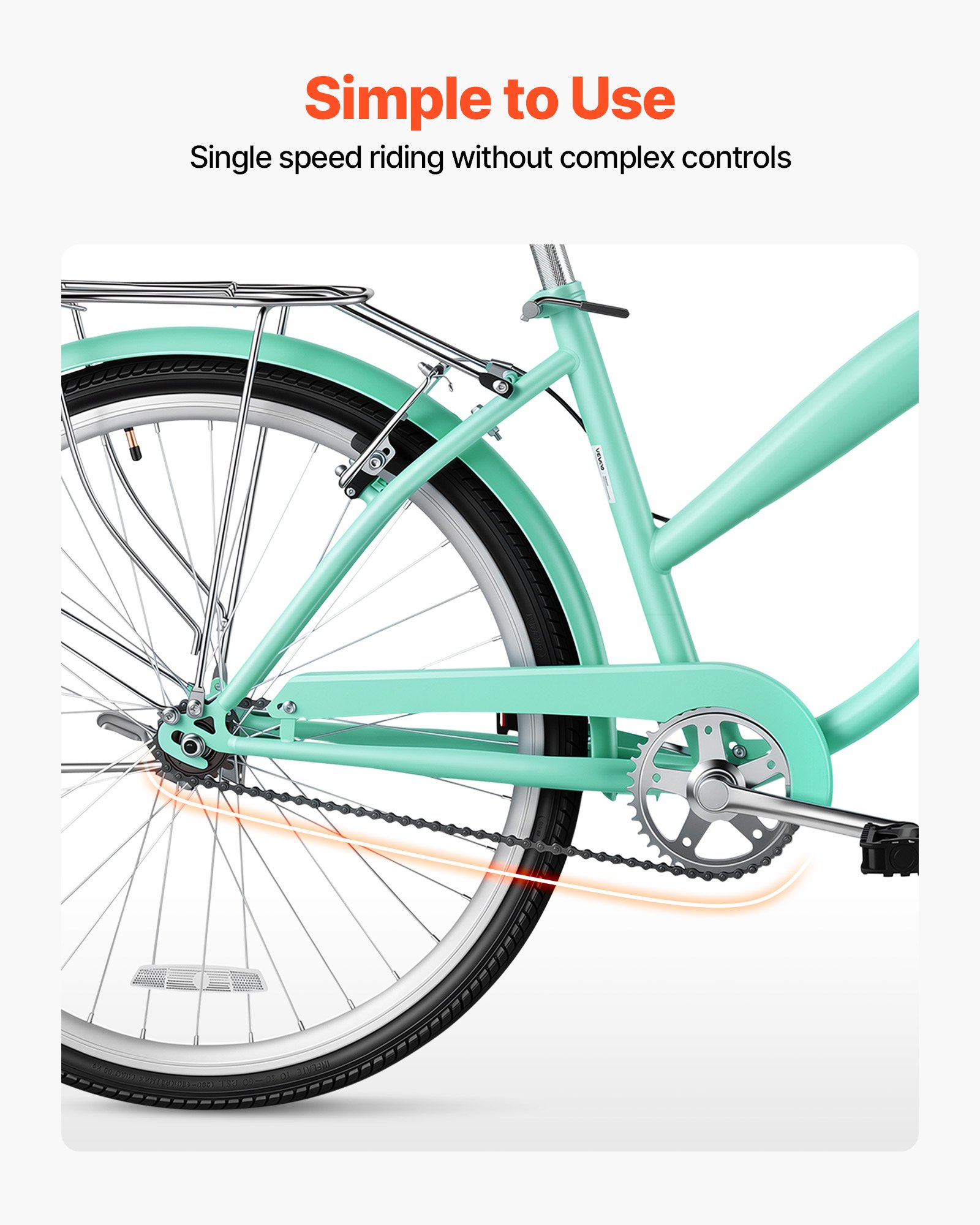 Rower miejski VEVOR damski 26 cali, nośność 150 kg, 1-biegowy, jasnozielony, do codziennego użytku i dojazdów do pracy, z wyprostowaną pozycją siedzenia, koszykiem, bagażnikiem (do 50 kg), podwójnymi hamulcami V-Brake i kompletnym wyposażeniem