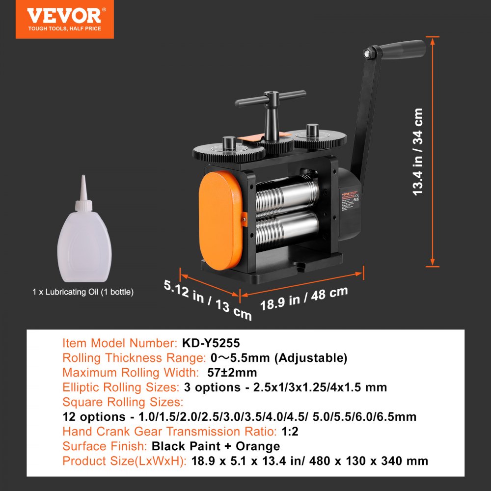 VEVOR 3 w 1 ręczna walcarka kombinowana 57 mm, ręczna walcarka do biżuterii, regulowana grubość od 0 do 5,5 mm, ręczna walcarka do platyny / złota K / mosiądzu / aluminium
