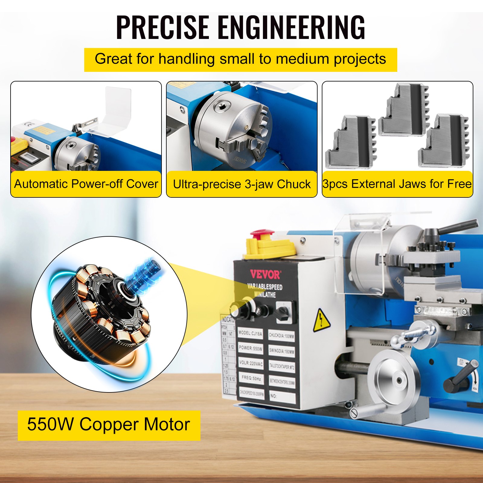 VEVOR Mini Lathe 550 W, Metal Mini Lathe Max. 2500 RPM, Metal Bench Lathe, Metal Mini Lathe, Table Lathe, Thread 12-52 TPI, Mini Metal Lathe, Accessories Included.