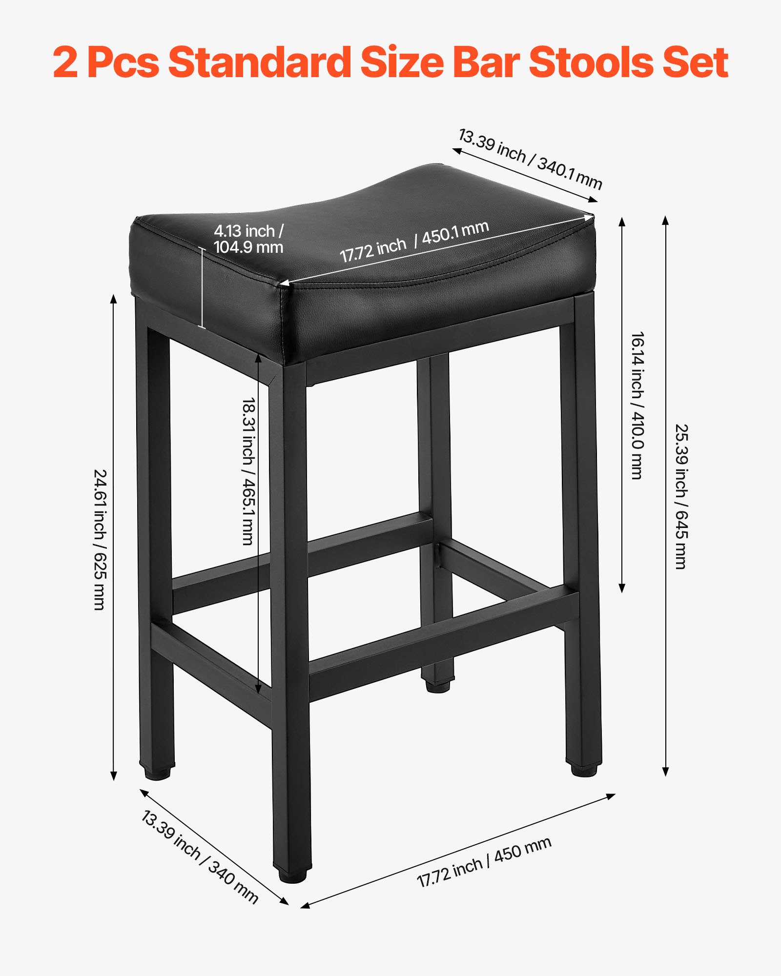 VEVOR Bar Stool Set of 2, PU Leather Counter Height Stools, 62cm Barstool with Saddle-Seat and Metal Legs, Easy Assembly Backless Bar Chair, Island Barstools for Kitchen, Dining Room, Cafe, Black