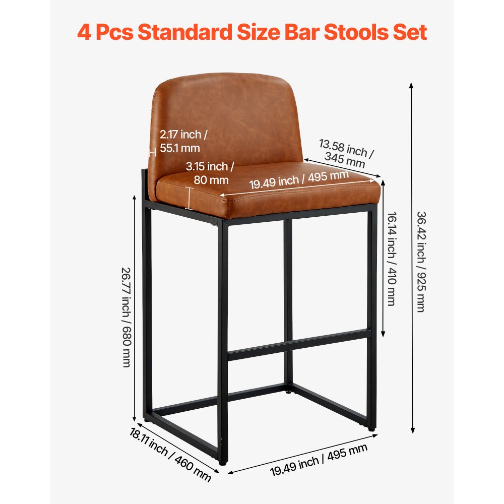 VEVOR Bar Stool Set of 4, 68cm Counter Height Stools, Modern PU Leather Counter Barstool with Backrest, Metal Legs, Easy Assembly Armless Bar Chair, Island Barstool for Kitchen, Dining Room, Brown