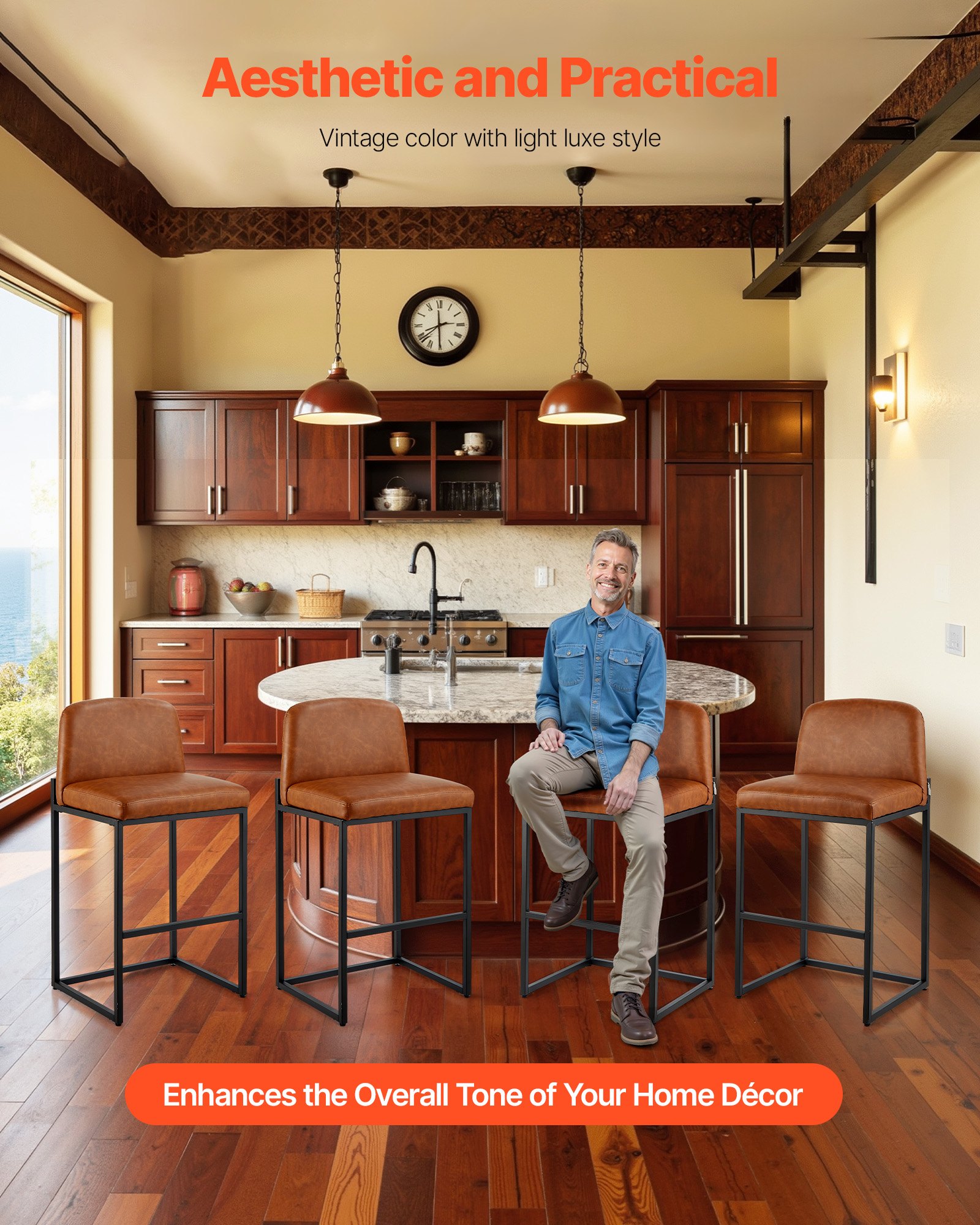 VEVOR Hokery barowe, 4 szt. (wysokość 925 mm), krzesło kuchenne ze skóry PU z oparciem i metalową ramą, krzesło bistro (nośność 149,7 kg), kuchnia, jadalnia, bar, wyspa kuchenna, hoker barowy, brązowy