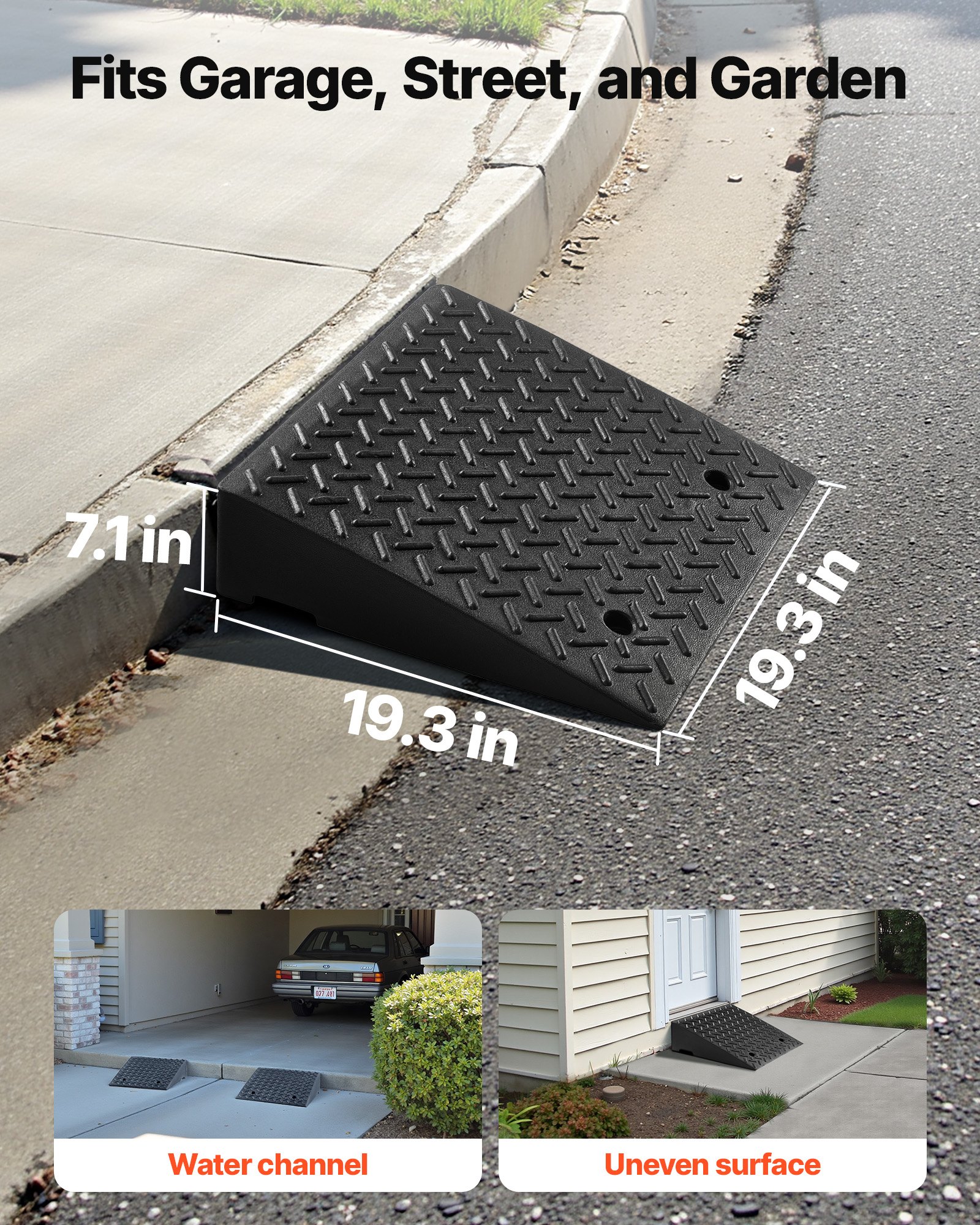 VEVOR Driveway Curb Ramp, 3.175 Tons Load Capacity, 17.8 cm Rise Height Heavy Duty Curbside Bridge Ramp with Drainage Tank for Wheelchairs, Strollers, Motorcycles, Cars, Lawn Mowers & Trailers, 2 Pack