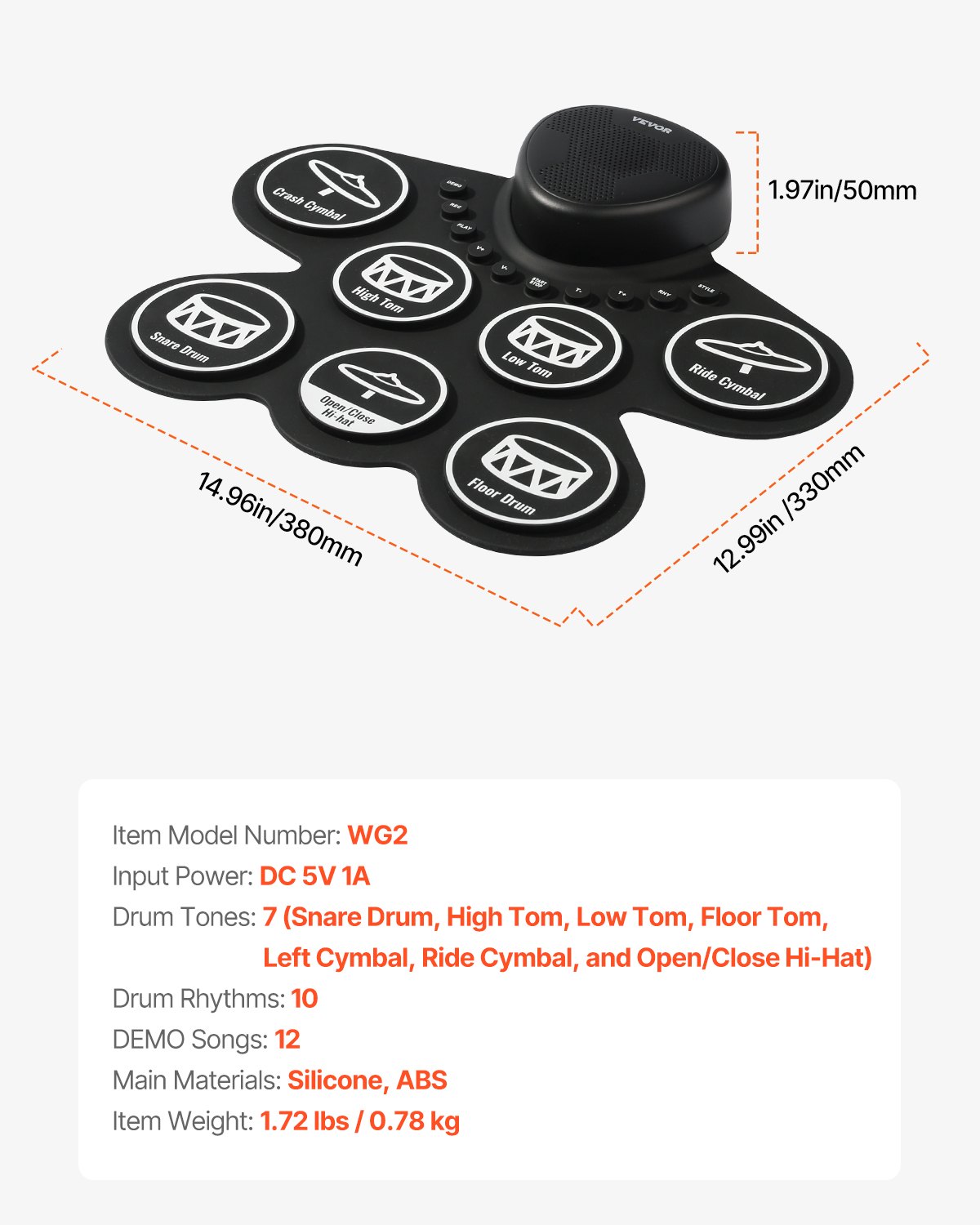 VEVOR 7-Pad Electronic Drum Kit, Roll-Up E-Drum Set with Headphone Jack, Two Foot Pedals, Two Drumsticks, Speakers, MIDI, Instrumental Toy for Children Ages 3 and Up, Black