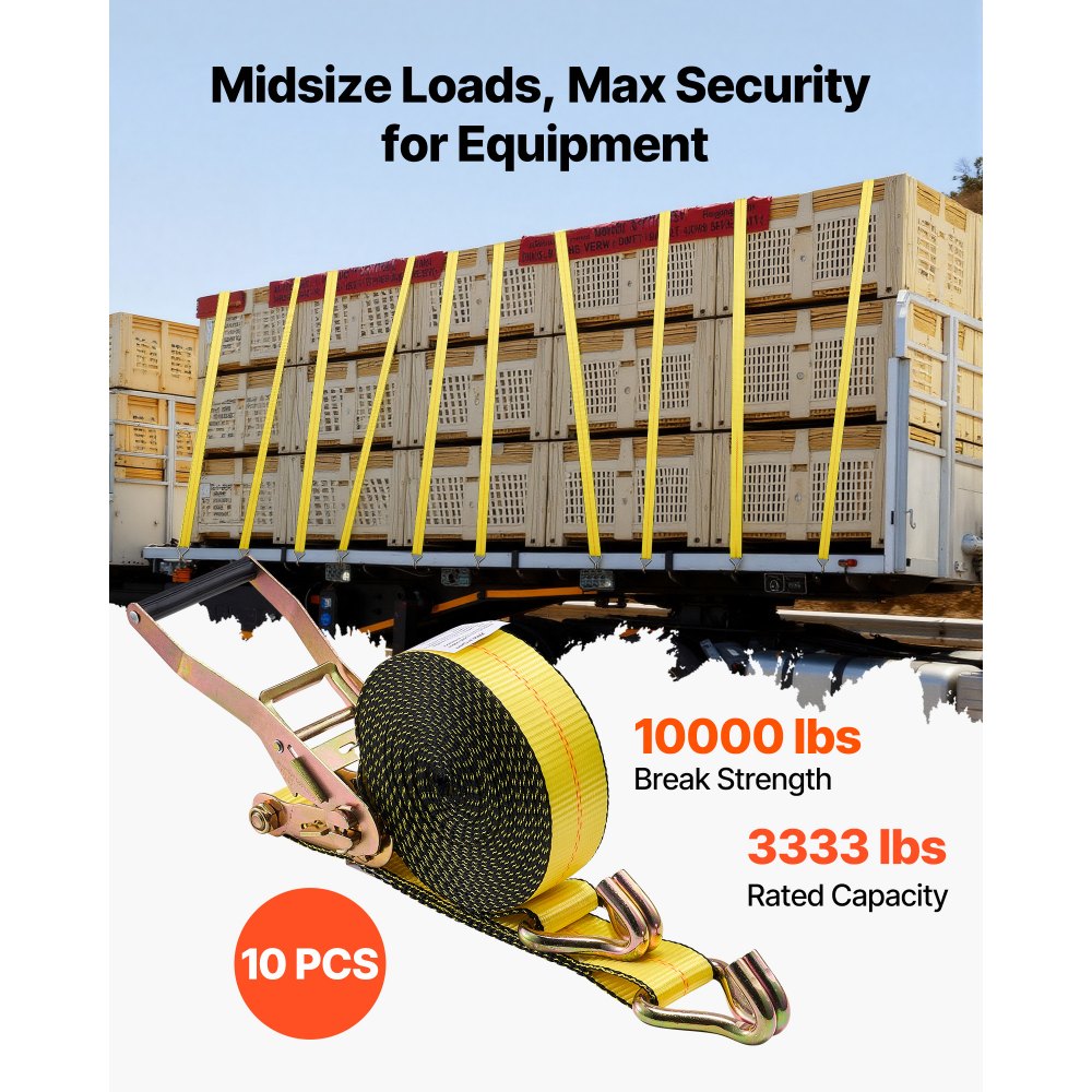 Pasy mocujące VEVOR, 50,8 x 9144 mm, wytrzymałe pasy mocujące z podwójnymi hakami typu J, obciążenie zrywające 4536 kg, mechanizm zapadkowy do przeprowadzek, przyczep, motocykli, kajaków, dachów samochodowych, opakowanie 10 szt.