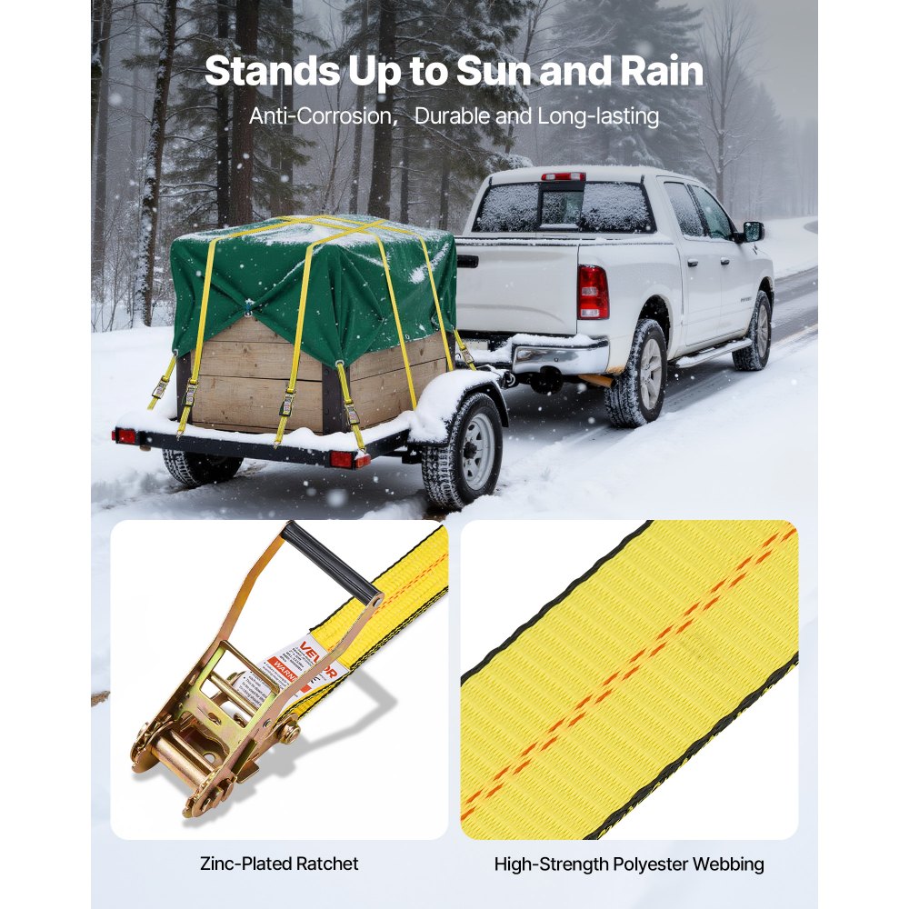 Pasy mocujące VEVOR, 50,8 x 9144 mm, wytrzymałe pasy mocujące z podwójnymi hakami typu J, obciążenie zrywające 4536 kg, mechanizm zapadkowy do przeprowadzek, przyczep, motocykli, kajaków, dachów samochodowych, opakowanie 10 szt.