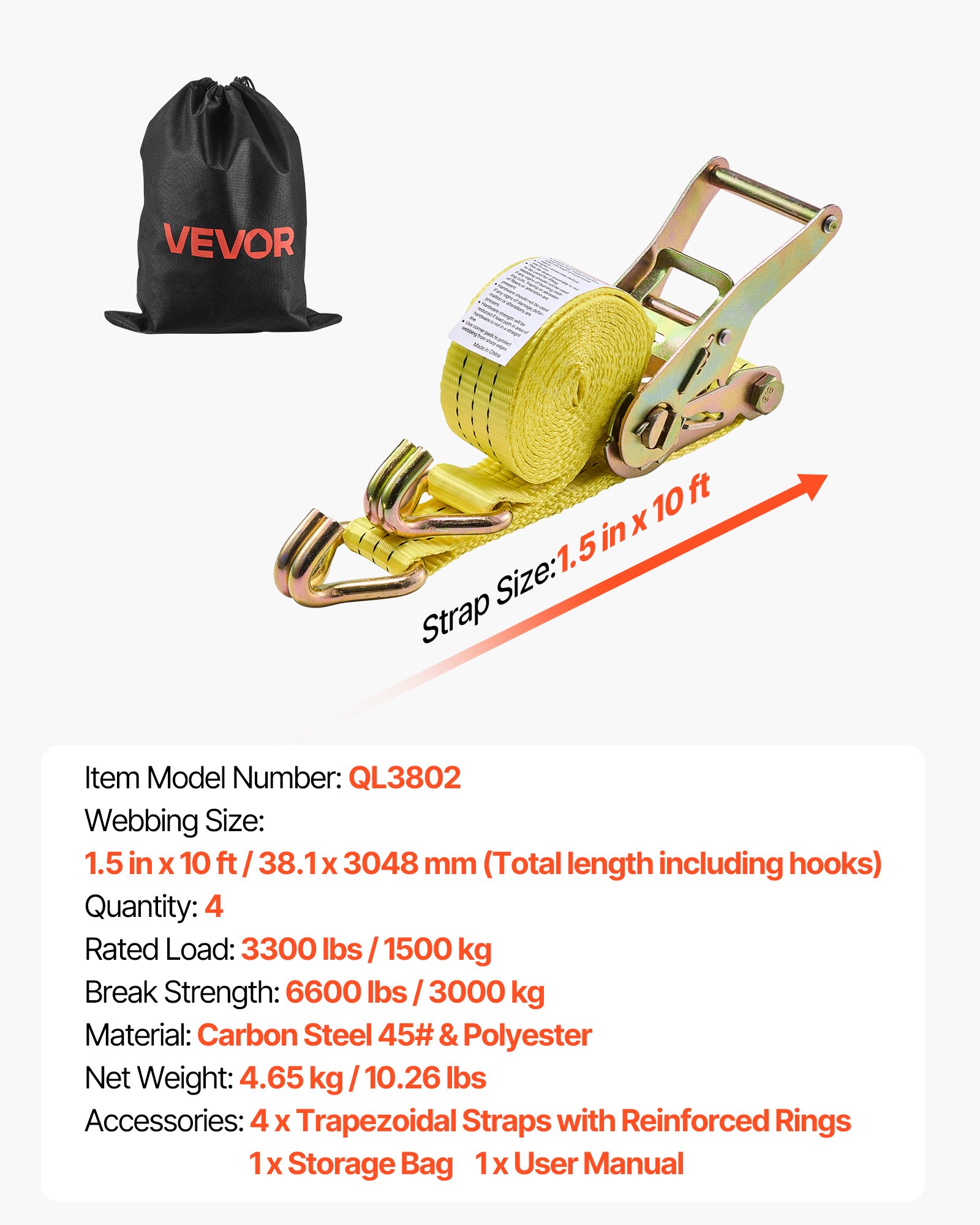 VEVOR Ratchet Straps, 38.1 mm x 3 m, Heavy Duty Tie Down Straps with Double J Hook, 3000 kg Break Strength, Carry Bag, Tie Down Ratcheting for Moving, Trailers, Motorcycles, Kayaks, Car Roof, 4 Pack