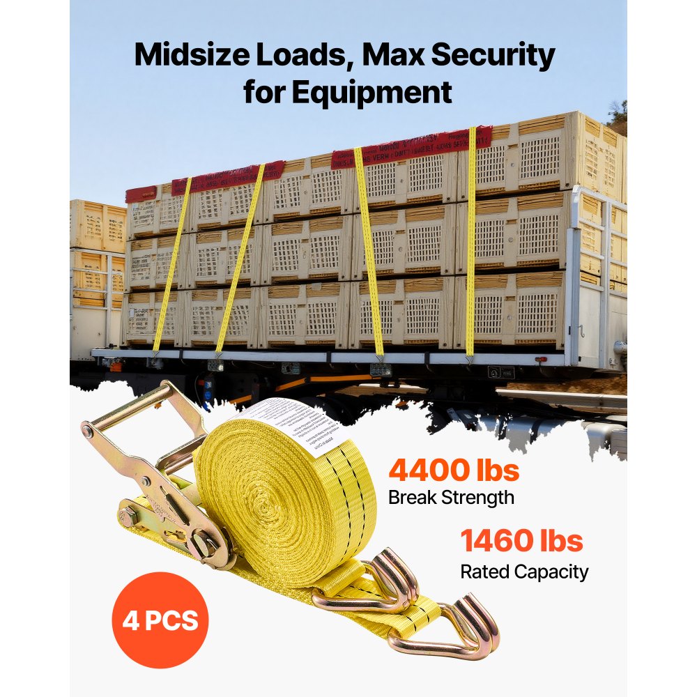 Pasy mocujące VEVOR, 38,1 x 6096 mm, wytrzymałe pasy mocujące z podwójnymi hakami typu J, obciążenie zrywające 2000 kg, torba transportowa, mechanizm zapadkowy do przeprowadzek, przyczep, motocykli, kajaków, dachów samochodowych, opakowanie 4 szt.