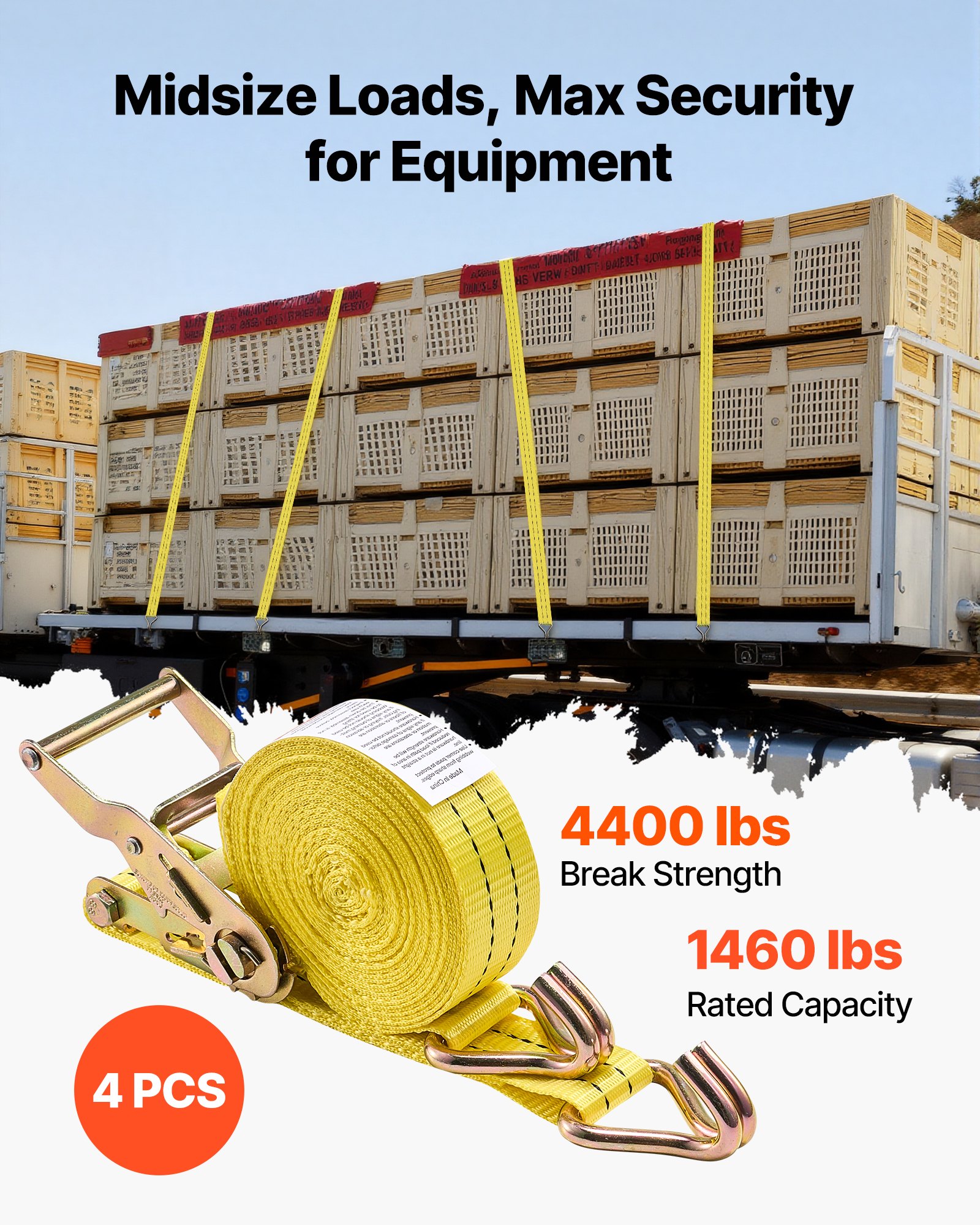 Pasy mocujące VEVOR, 38,1 x 6096 mm, wytrzymałe pasy mocujące z podwójnymi hakami typu J, obciążenie zrywające 2000 kg, torba transportowa, mechanizm zapadkowy do przeprowadzek, przyczep, motocykli, kajaków, dachów samochodowych, opakowanie 4 szt.